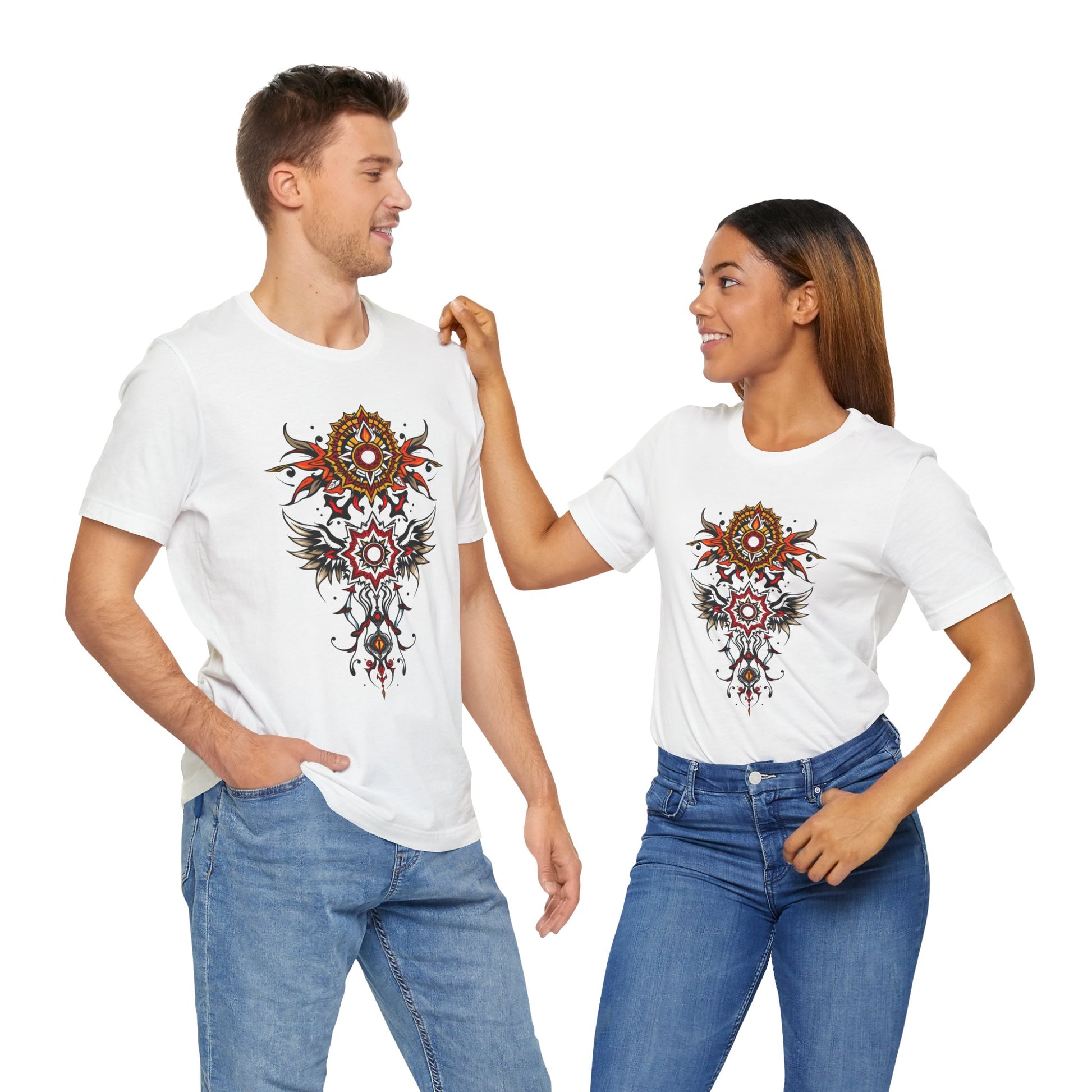 Turn heads in this tee, available in vibrant colors, showcasing a fiery red and gold tribal mandala for bold, artistic style
