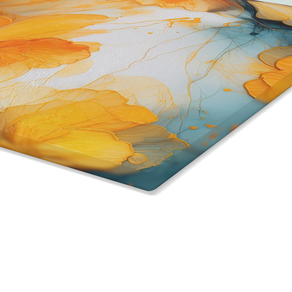 Vibrant Yellow Floral Glass Cutting Board with Blue Accents