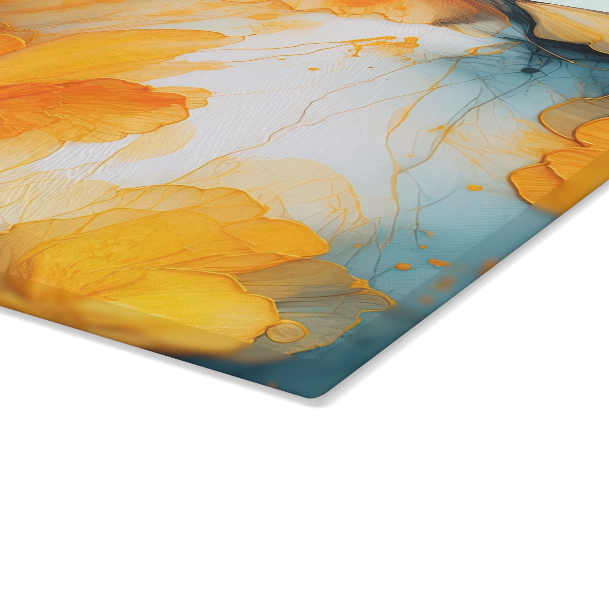 Vibrant Yellow Floral Glass Cutting Board with Blue Accents