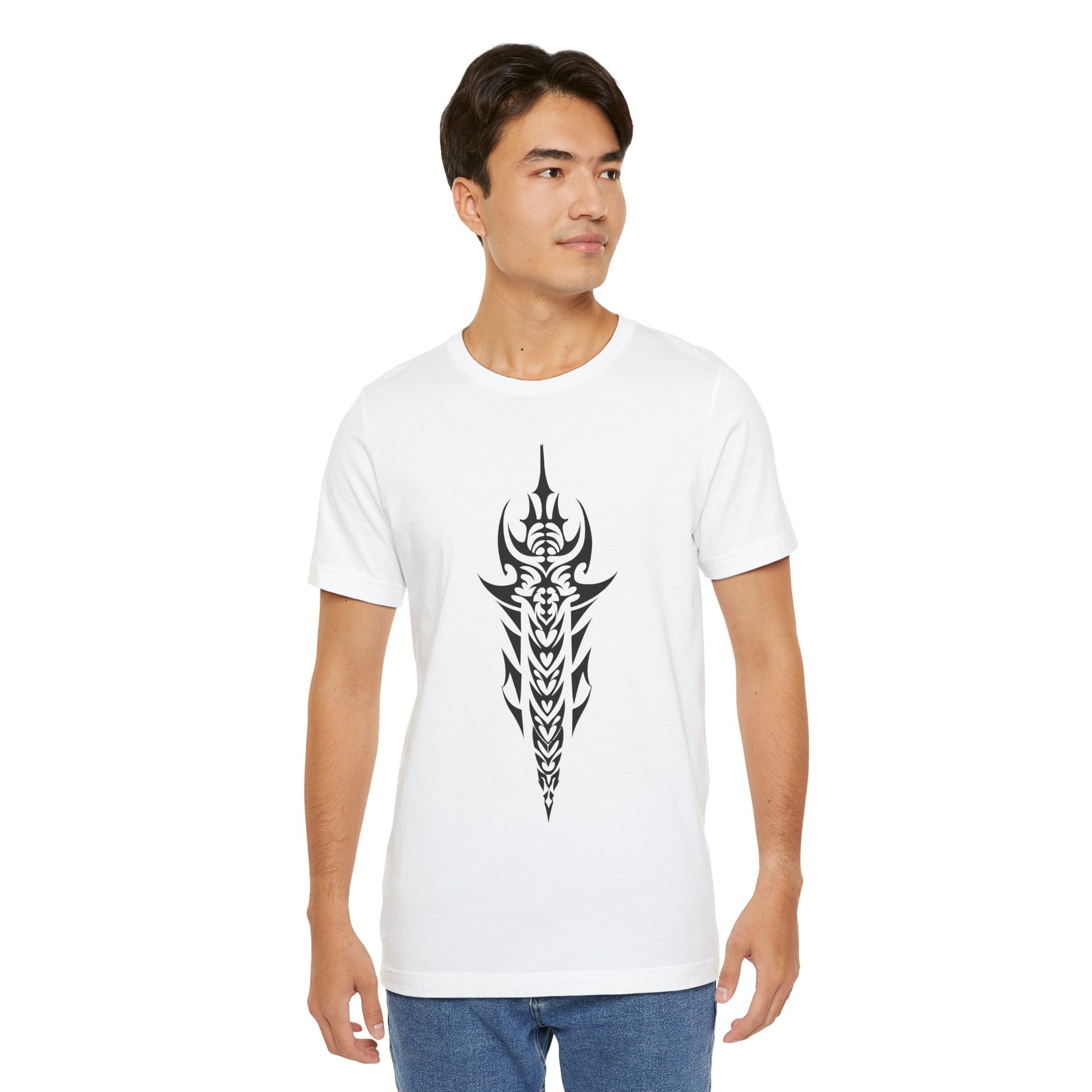 Tribal Sword T-Shirt – Bold Black Tattoo Art on Aqua Tee