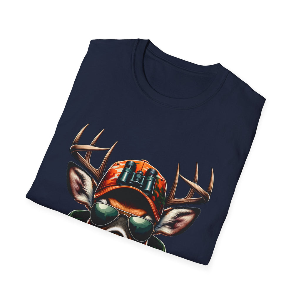 Hunting Enthusiast T-Shirt navy blue with deer wearing camo hat and sunglasses graphic design