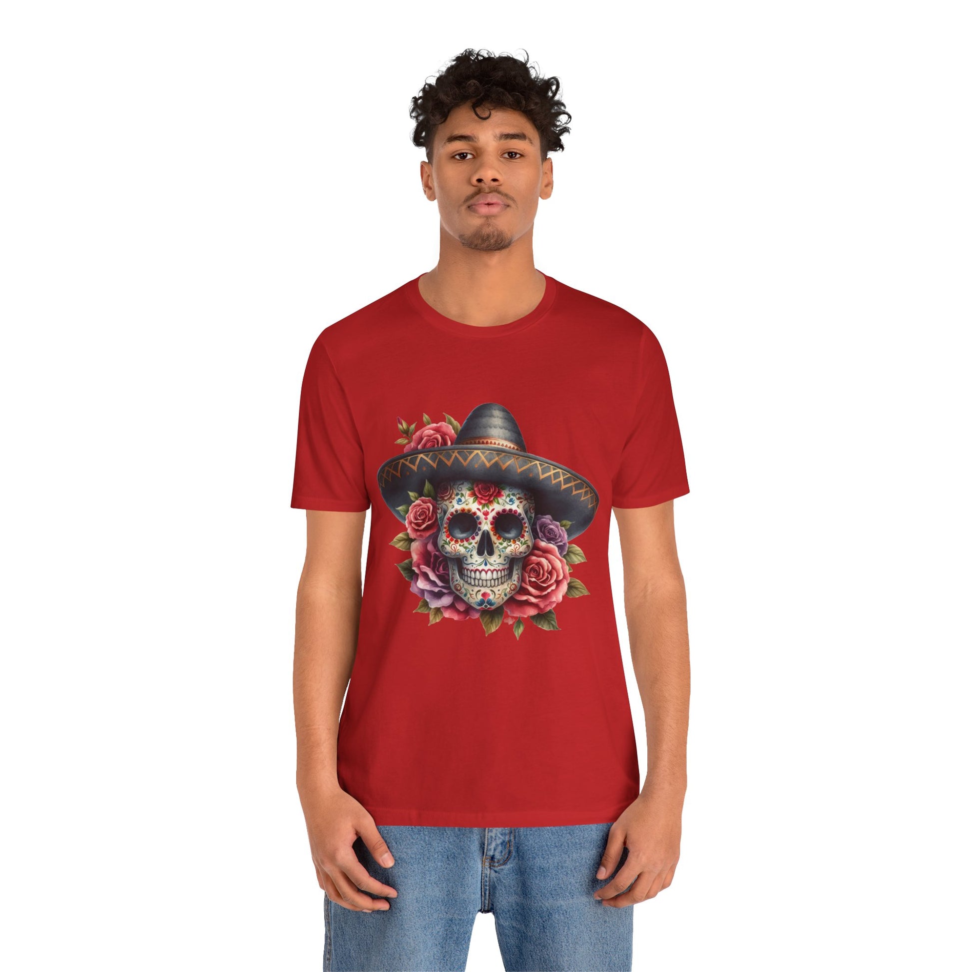 Colorful tee featuring a sugar skull in sombrero and roses for vibrant fiesta vibes
