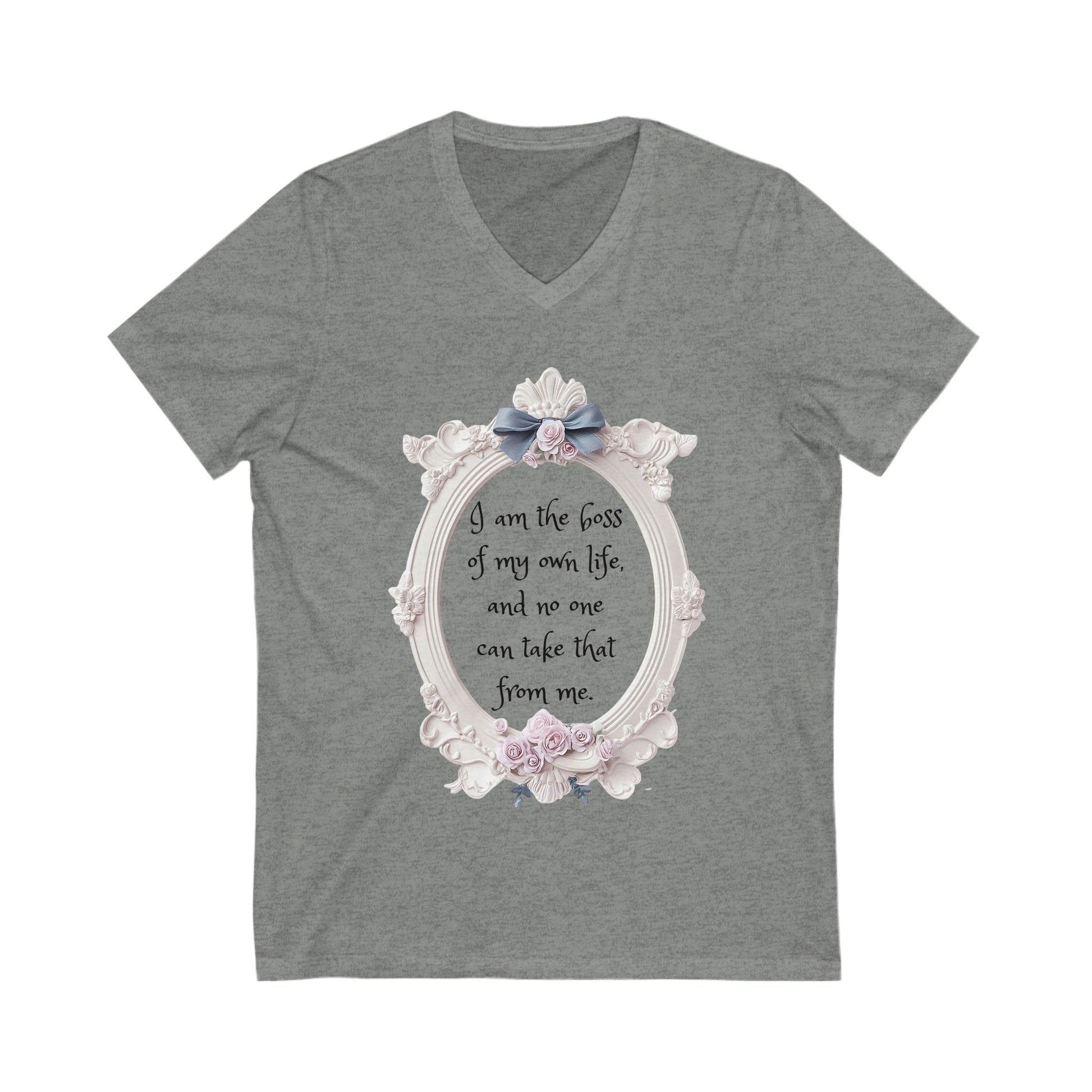 Grey Empowered V-Neck Tee with floral frame and motivational quote "I am the boss of my own life"