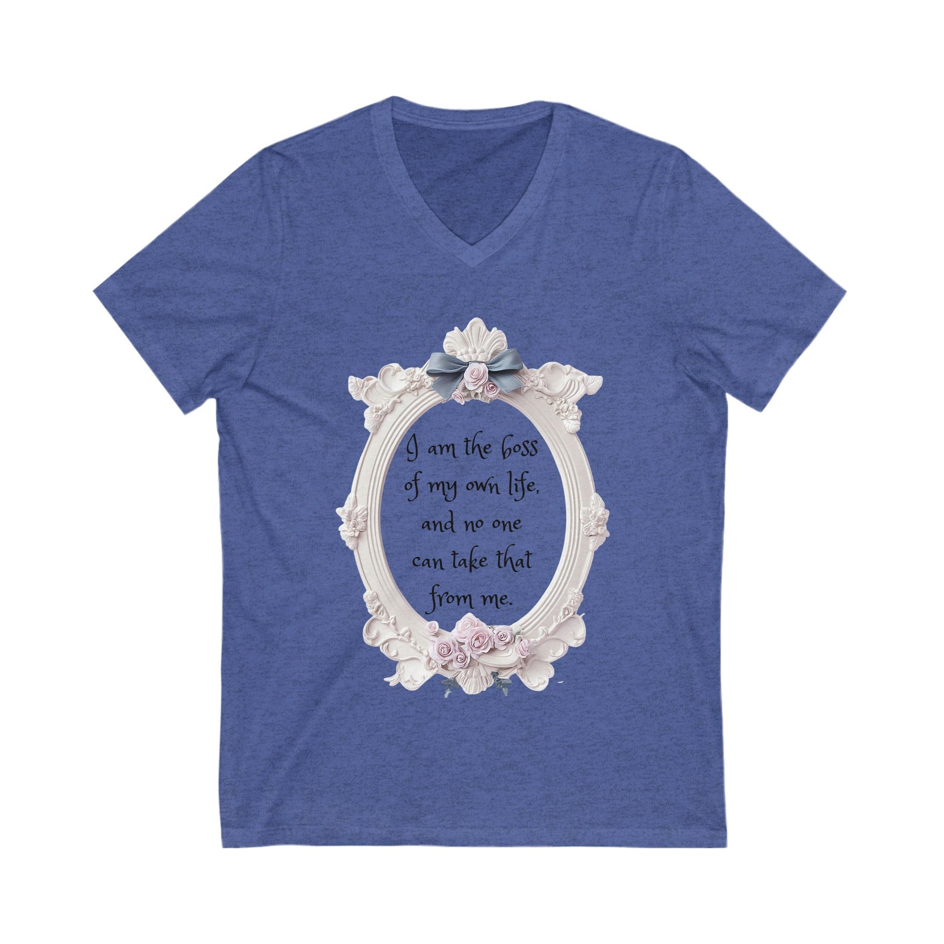Blue Empowered V-Neck Tee with inspirational quote "I am the boss of my own life" framed by floral design