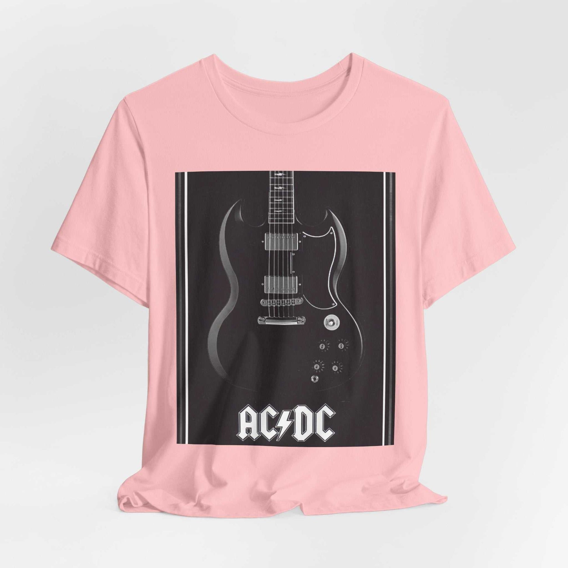 Pink unisex short sleeve tee featuring a black and white electric guitar graphic with AC/DC logo.