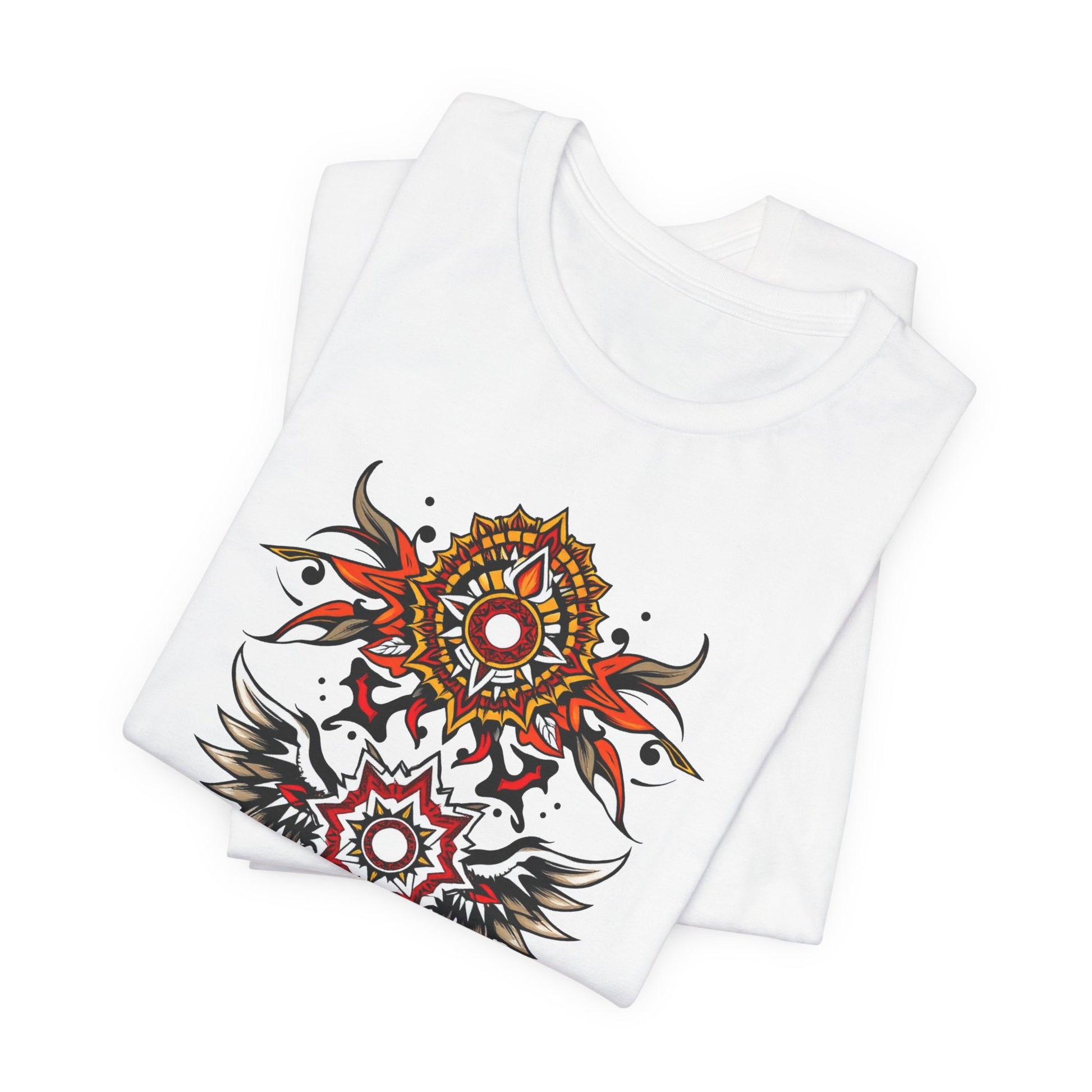 Turn heads in this tee, available in vibrant colors, showcasing a fiery red and gold tribal mandala for bold, artistic style