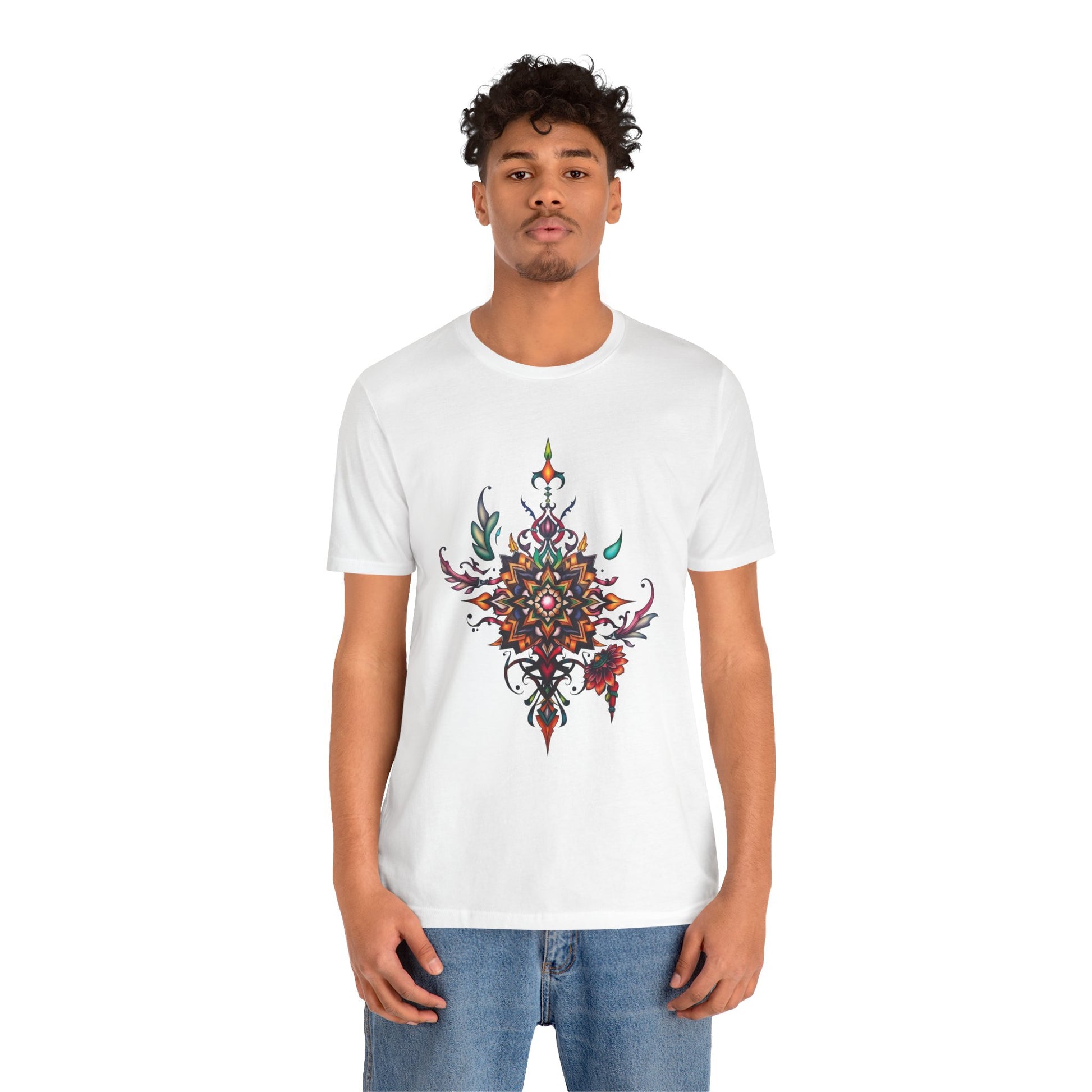Colorful tee with an ornate mandala and floral design, available in vibrant color options