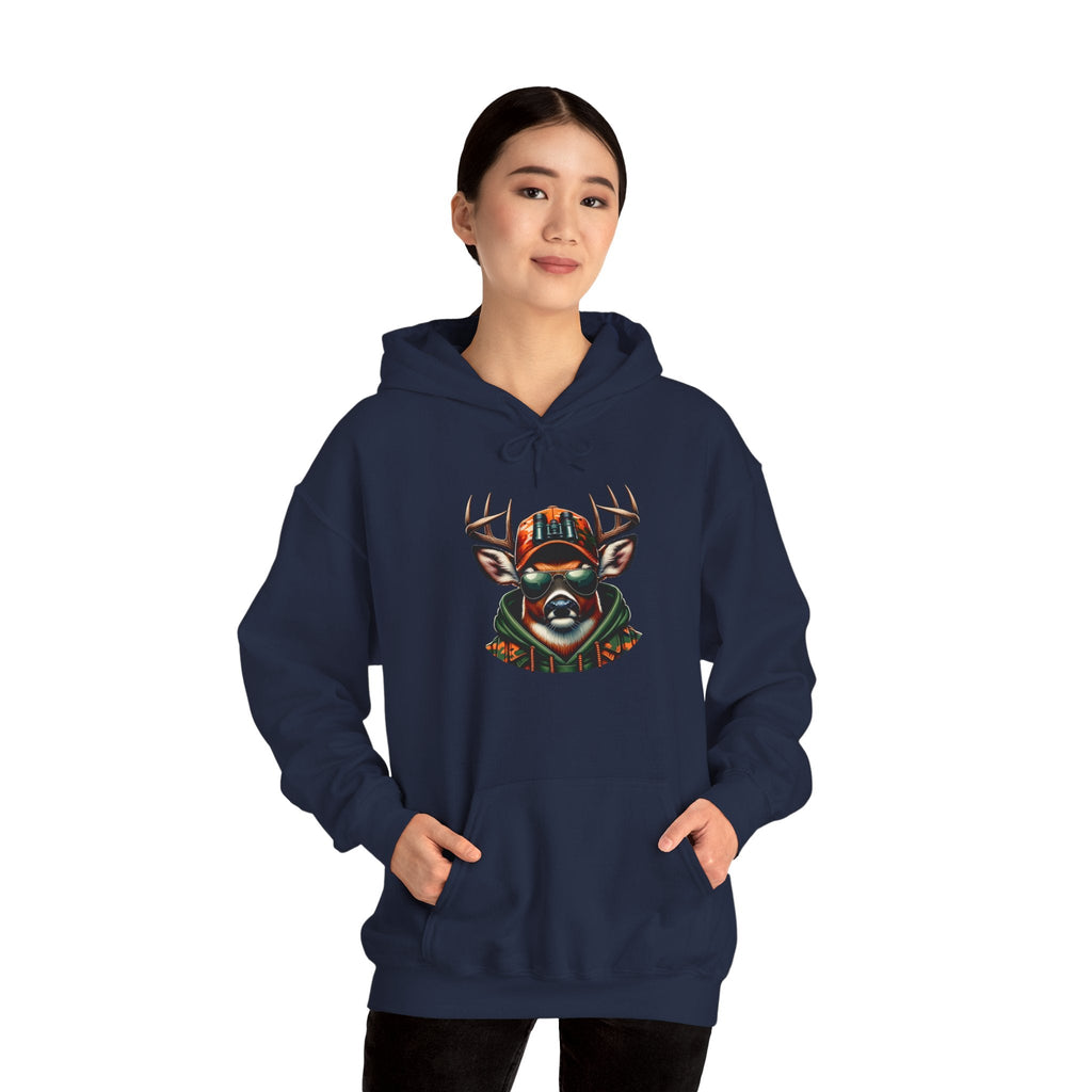 Woman wearing navy hooded sweatshirt with bold deer design and kangaroo pocket