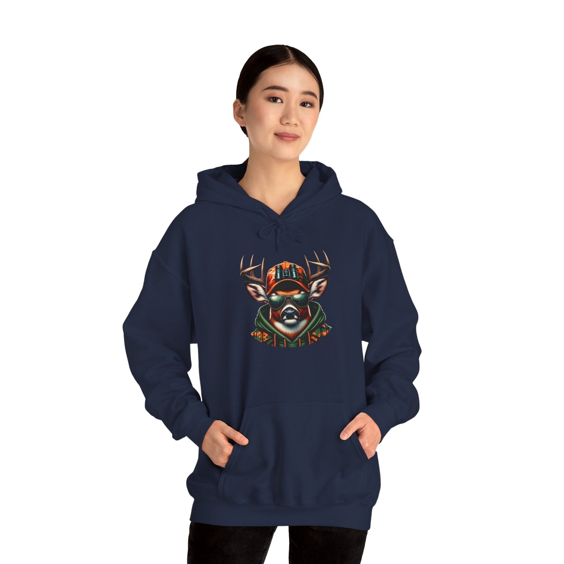 Woman wearing navy hooded sweatshirt with bold deer design and kangaroo pocket