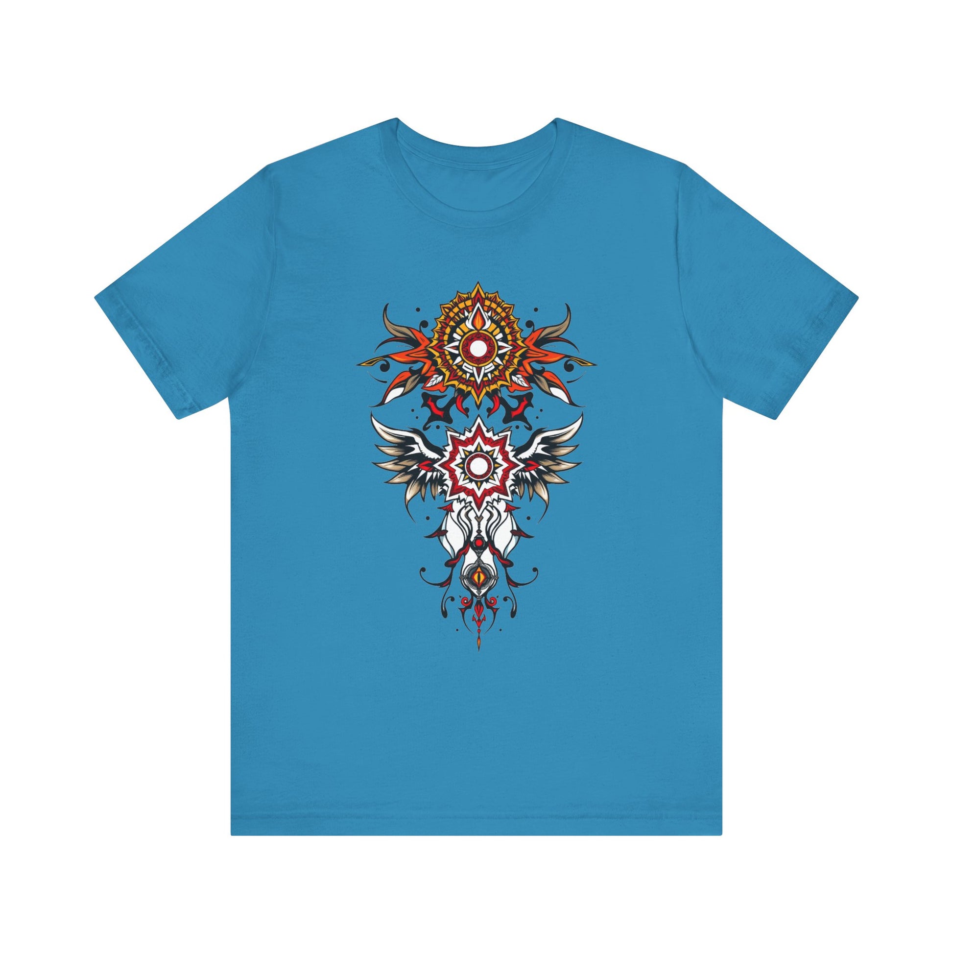 Turn heads in this tee, available in vibrant colors, showcasing a fiery red and gold tribal mandala for bold, artistic style