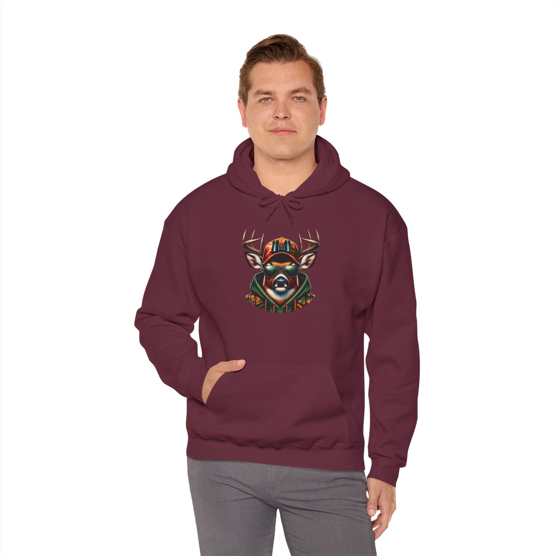 Man wearing maroon hooded sweatshirt with bold deer design on front and kangaroo pocket