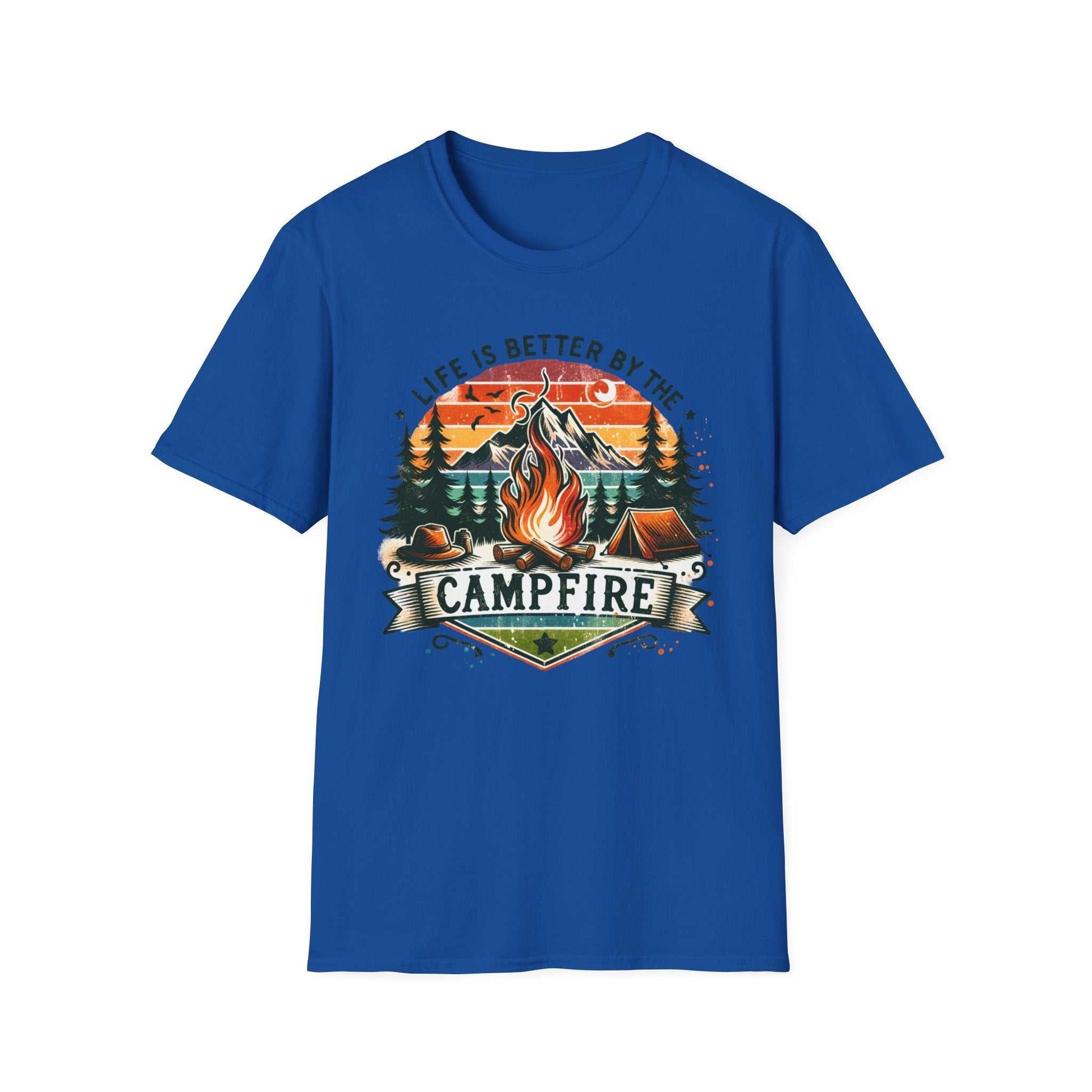Blue unisex t-shirt with a colorful campfire design and text "Life is Better by the Campfire" and "Campfire" banner, perfect for camping adventure fans.