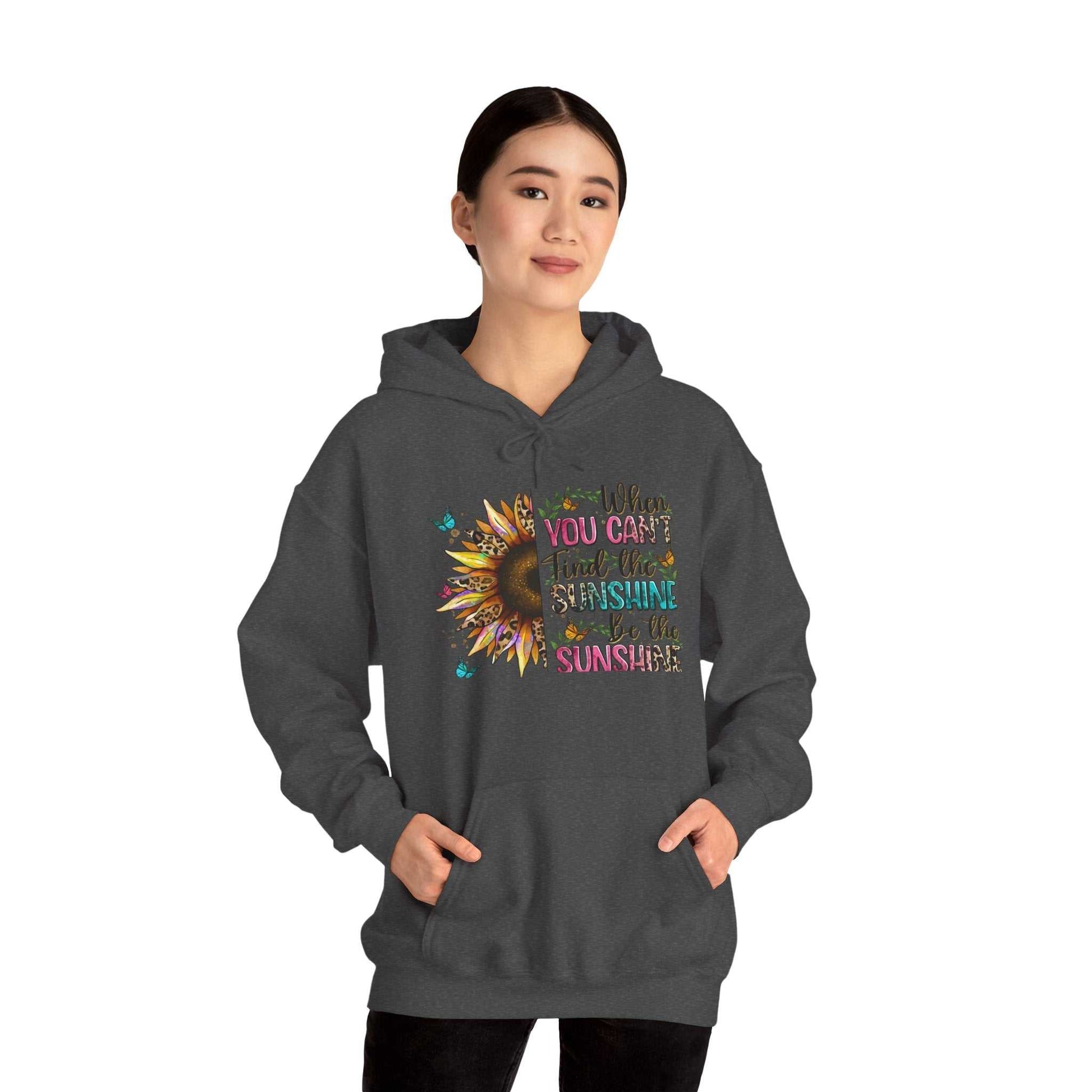 woman wearing dark gray sunflower quote hoodie inspirational sweatshirt with colorful text and sunflower graphic