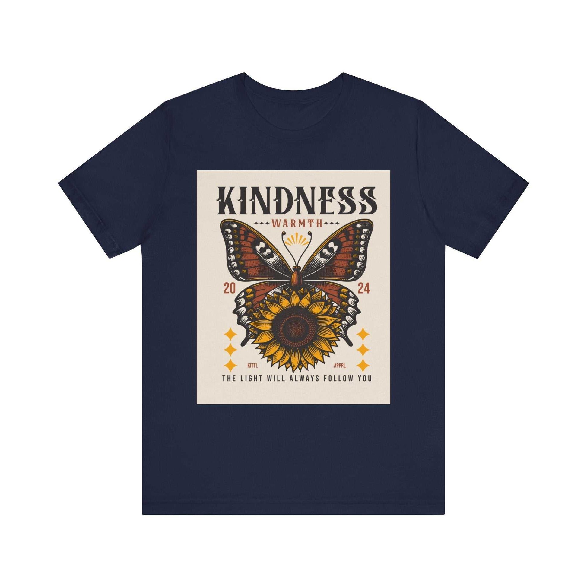 Navy unisex Kindness Butterfly Tee featuring a butterfly and sunflower graphic with the text "Kindness Warmth 2024 The light will always follow you"