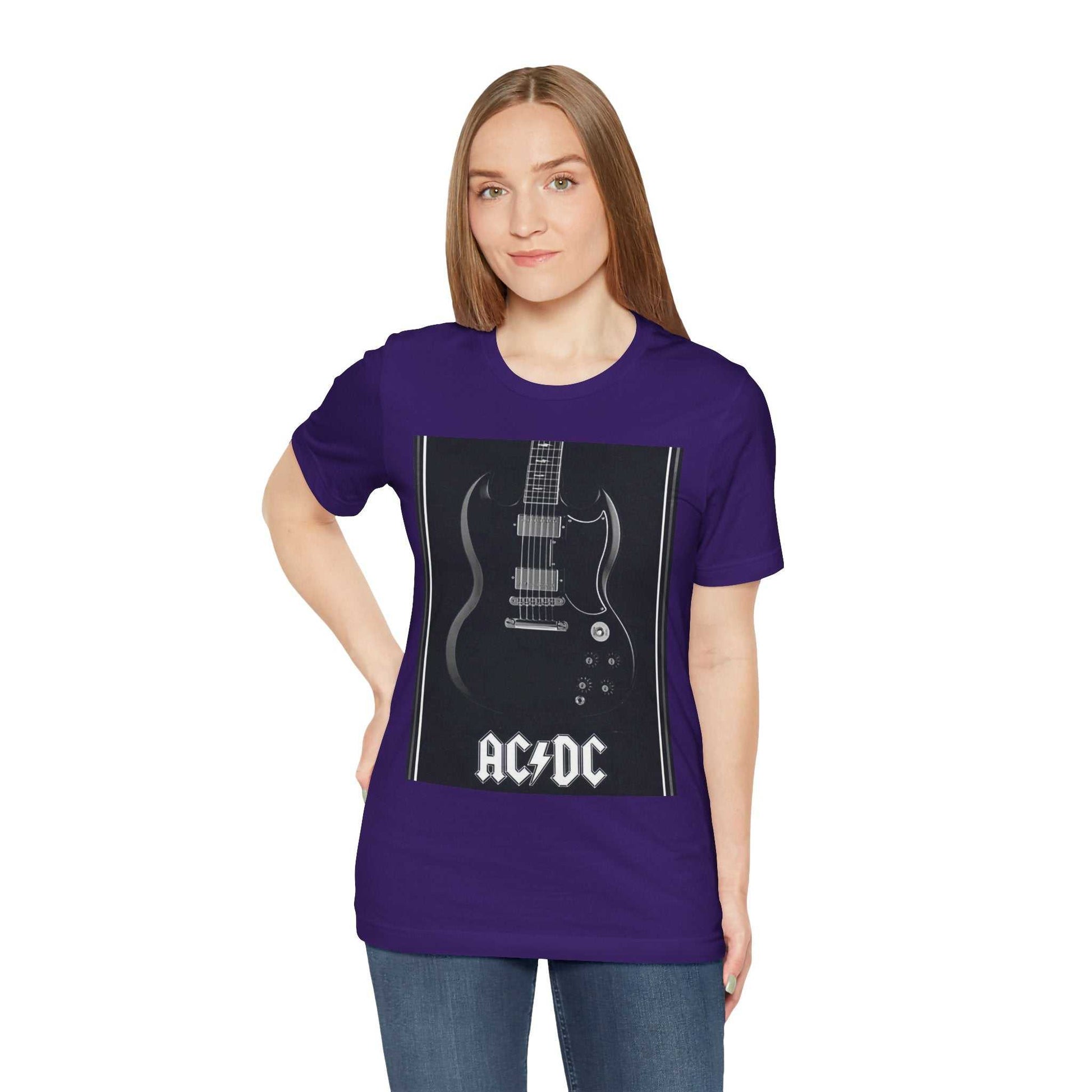 Woman wearing purple rock guitar graphic tee featuring black electric guitar and AC/DC logo