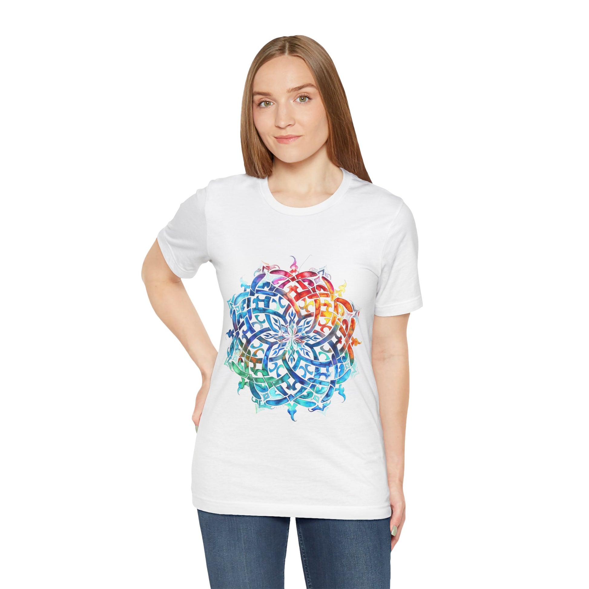 Artistic tee with a radiant rainbow mandala design, available in vibrant color options