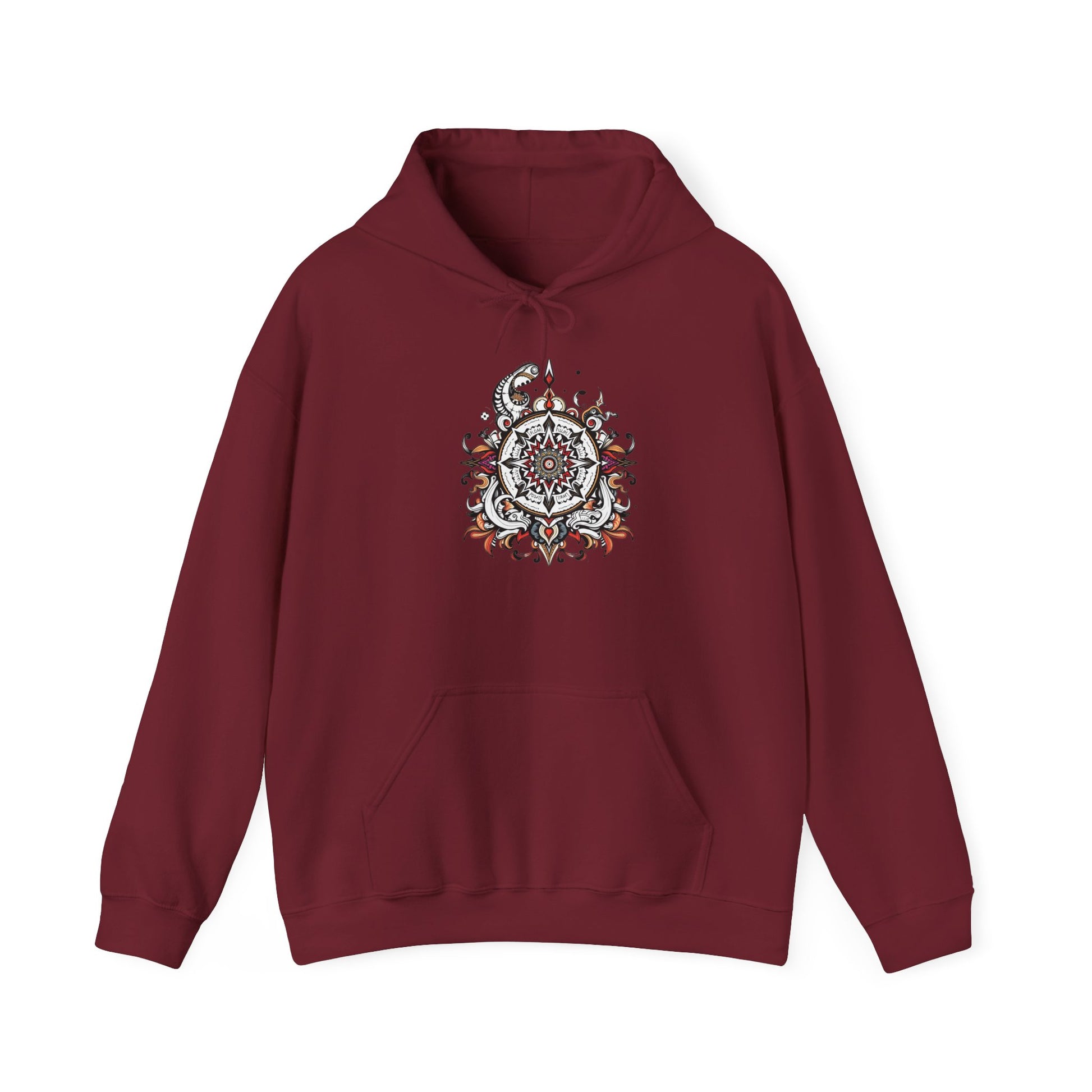 Cozy hoodie featuring a striking black, red, and white mandala, offered in vibrant color choices