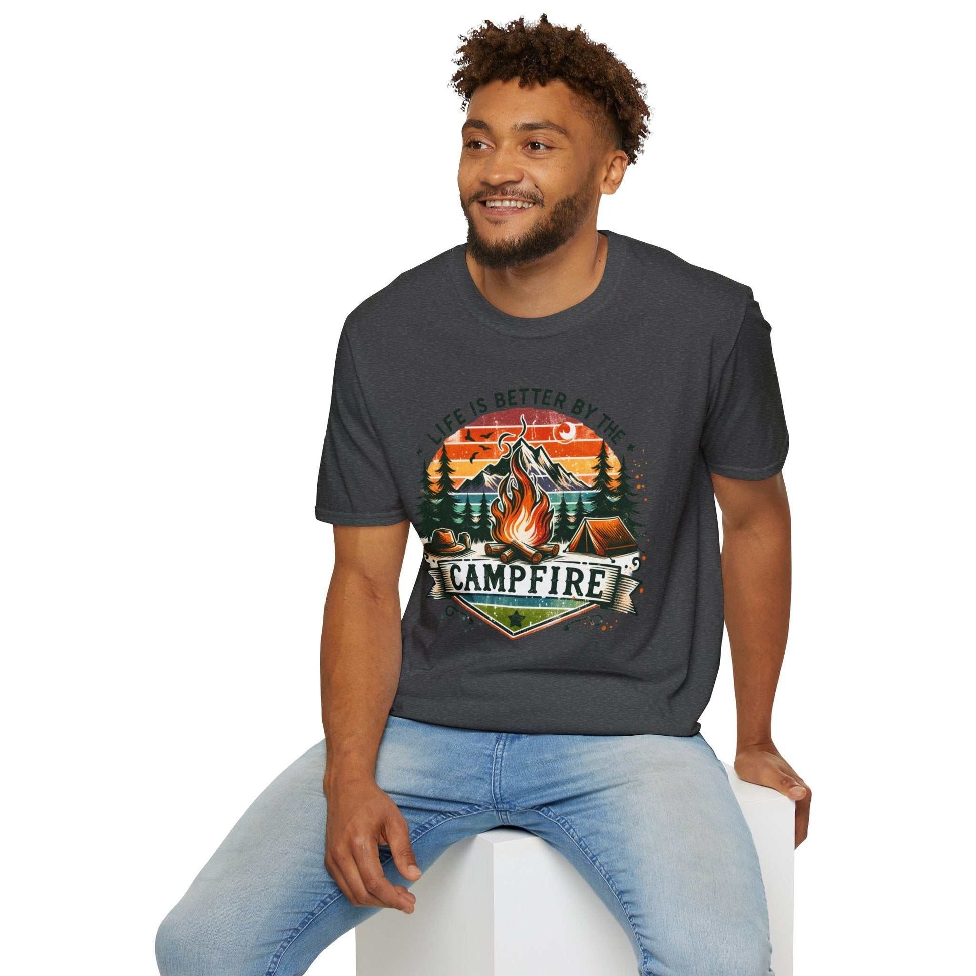 Man wearing dark gray Camping Adventure unisex T-shirt with colorful campfire design and "Life is Better by the Campfire" text