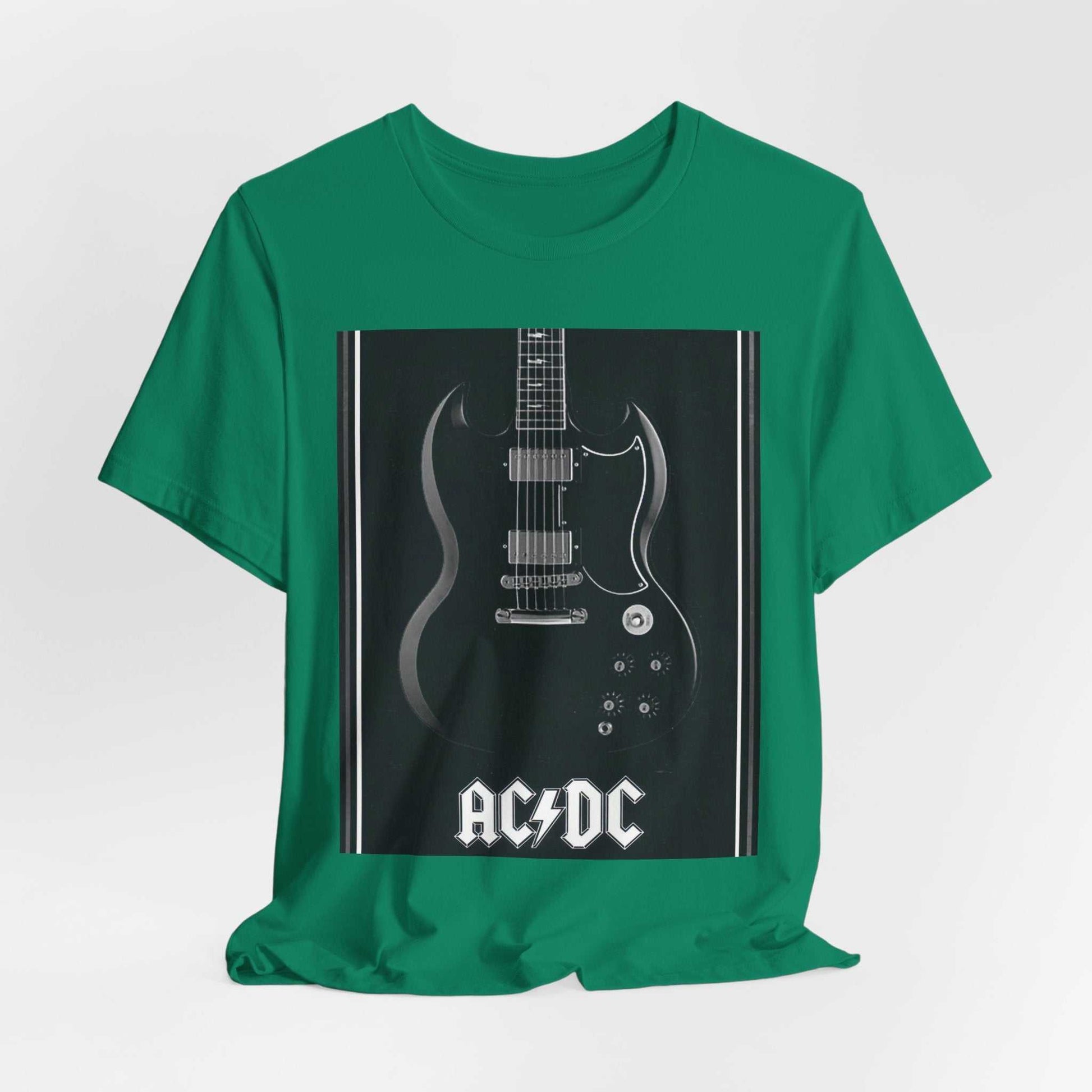 Green rock guitar graphic tee featuring AC/DC design on front