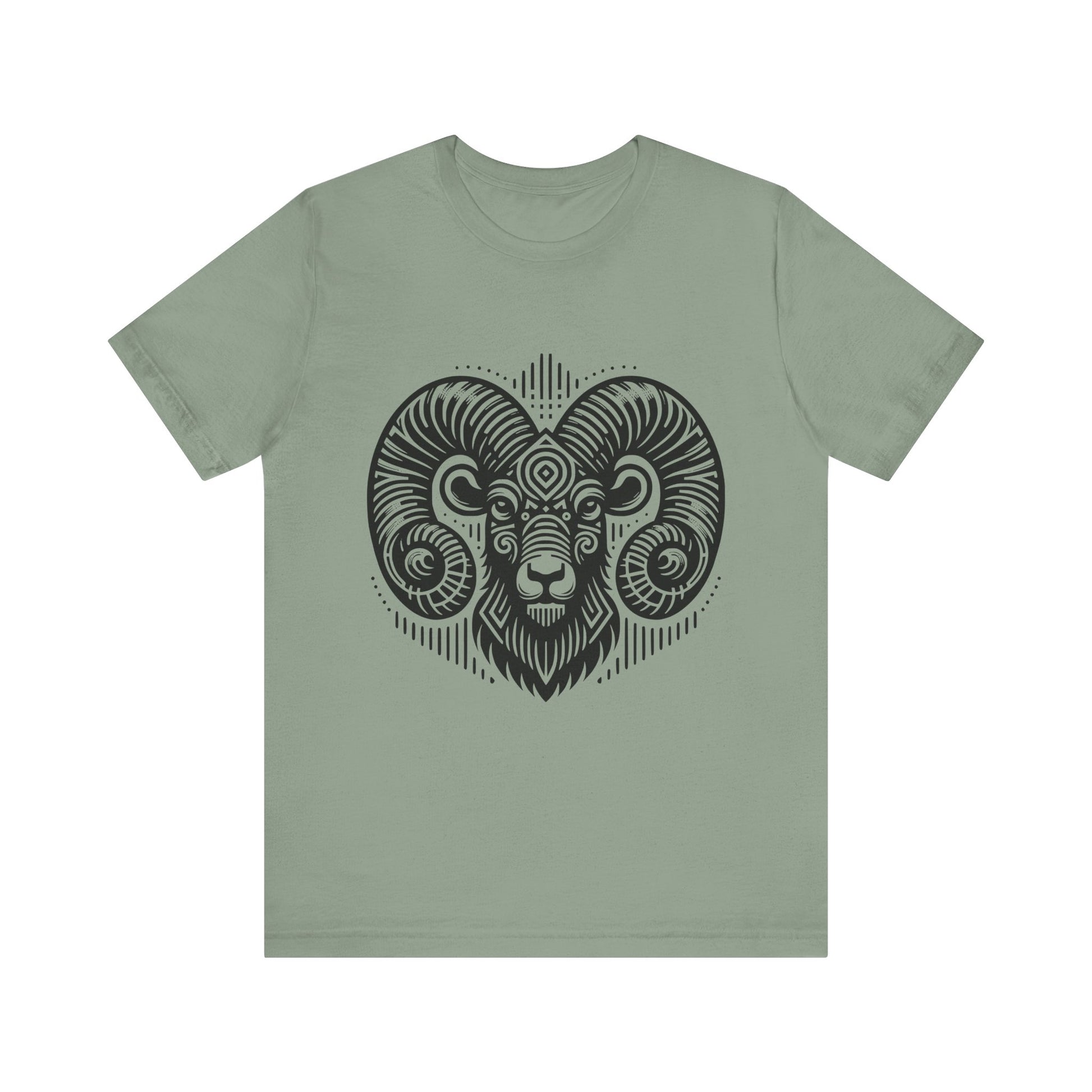 Striking tee with an intricate black tribal ram design, offered in vibrant color options