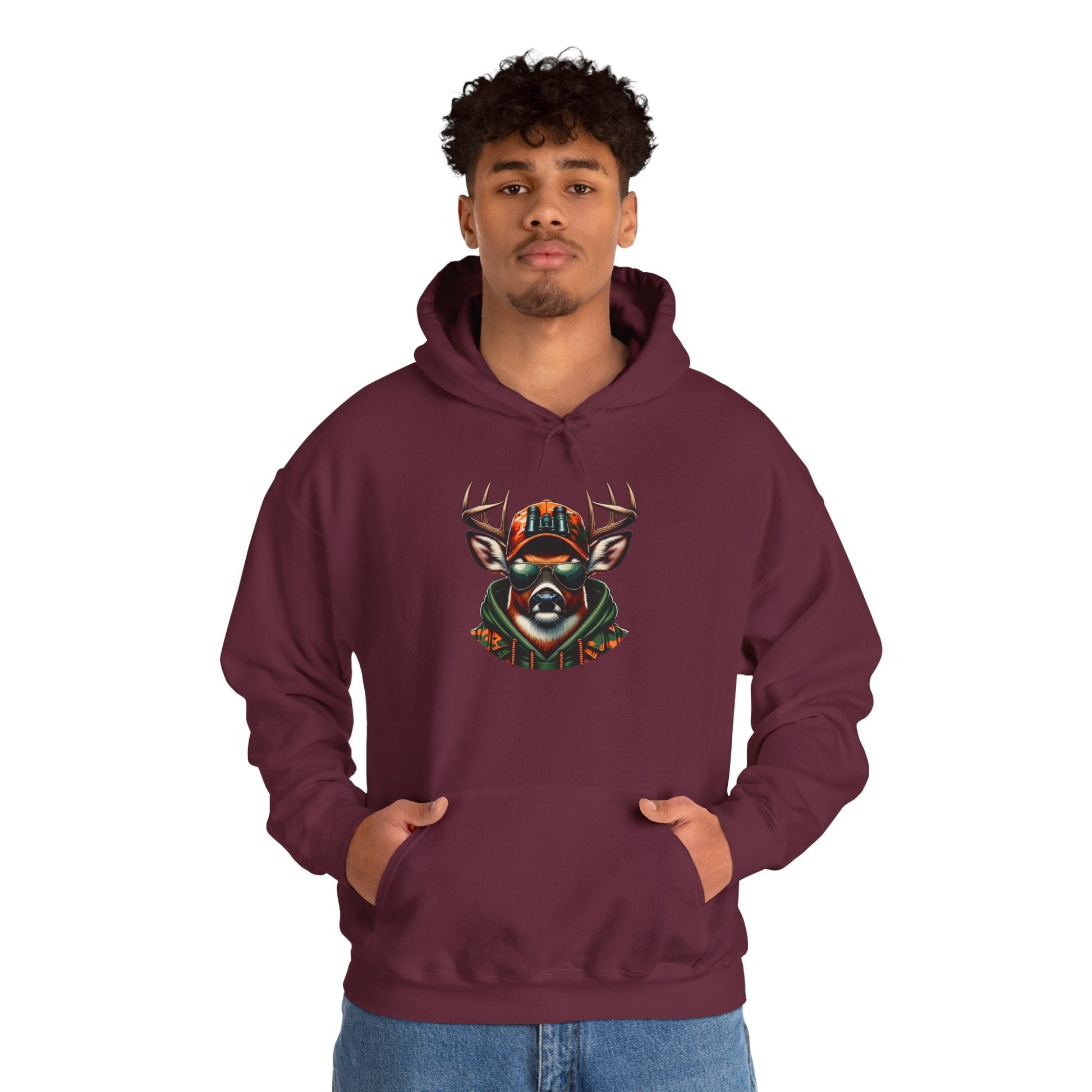 Maroon hooded sweatshirt with bold deer graphic and kangaroo pocket worn by man