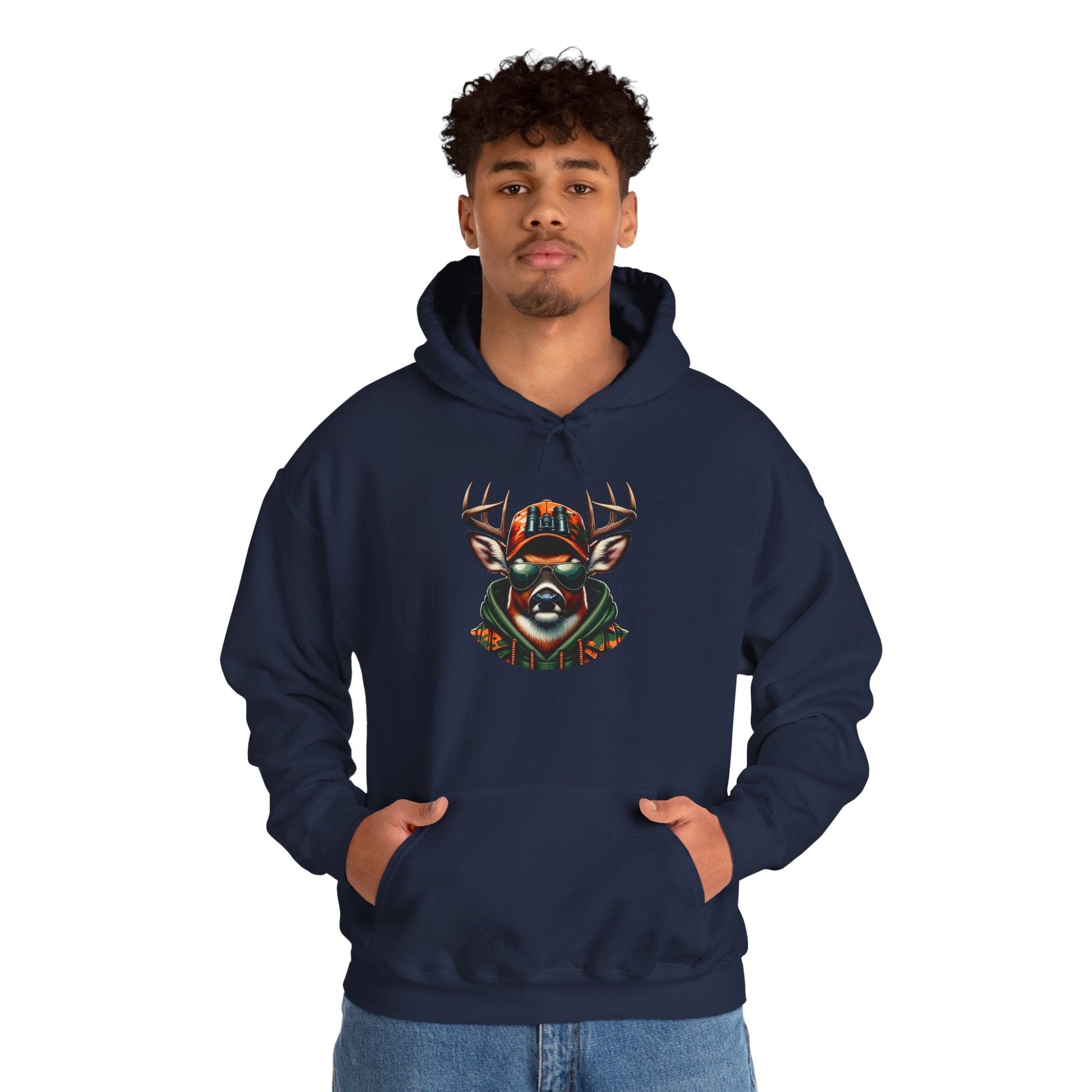 Navy hooded sweatshirt with bold deer graphic and kangaroo pocket worn by man