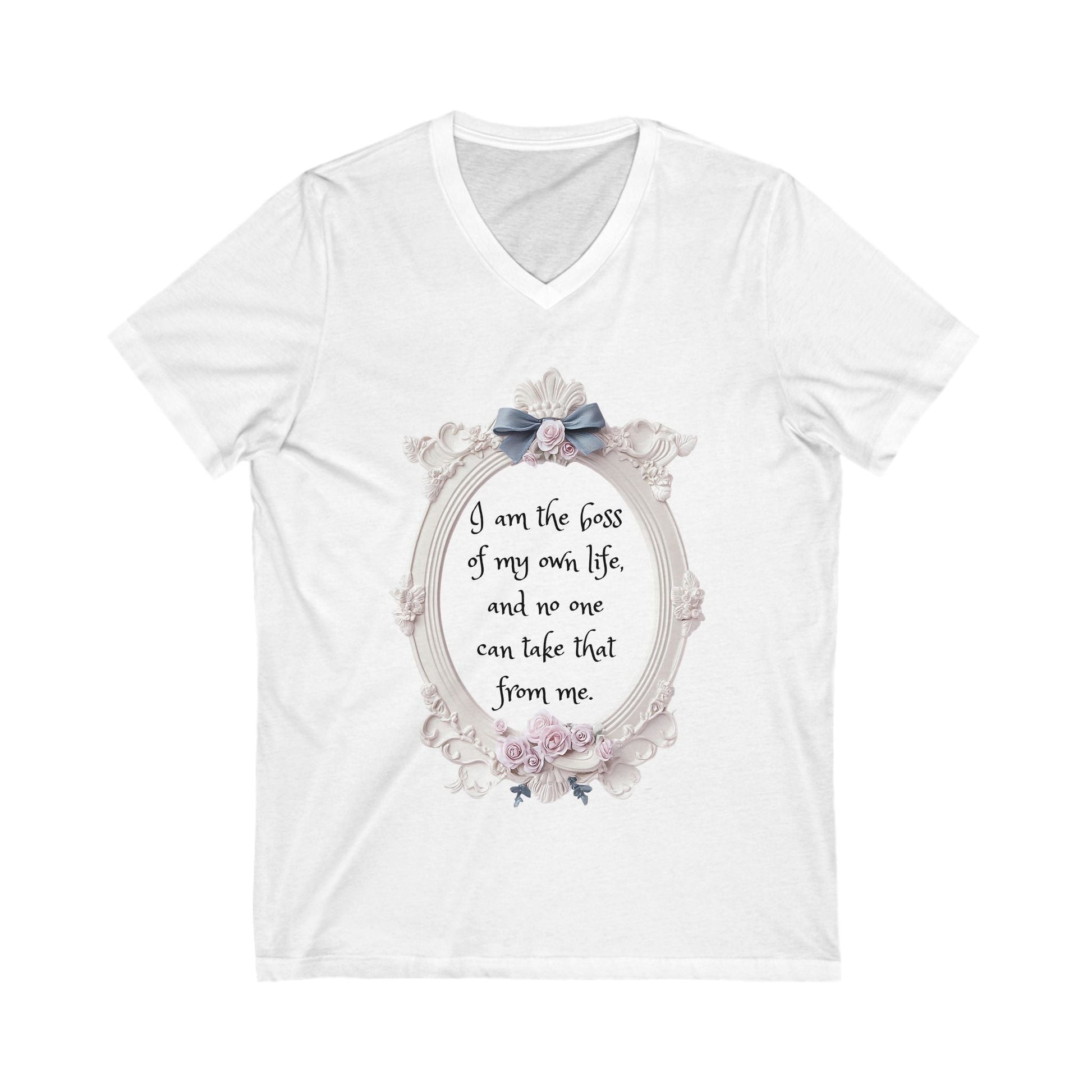 White Empowered V-Neck Tee with floral framed quote "I am the boss of my own life, and no one can take that from me"