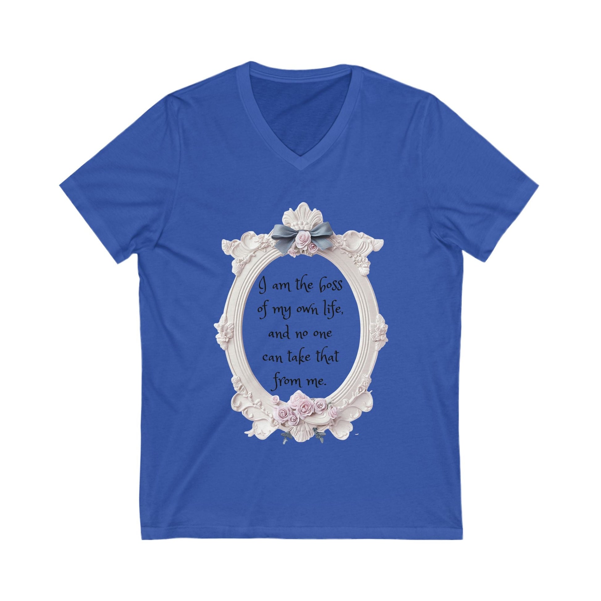 Blue Empowered V-Neck Tee with "I am the boss of my own life" quote framed with floral design.