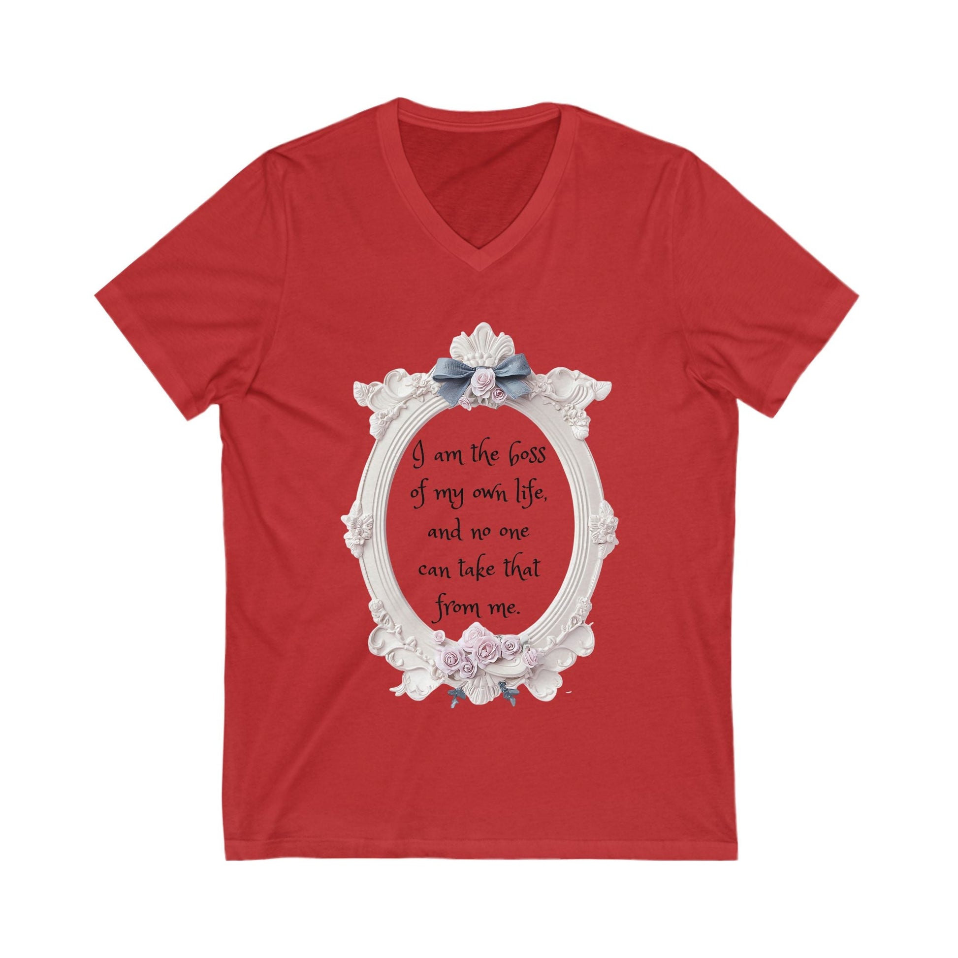 Red Empowered V-Neck Tee with floral framed quote "I am the boss of my own life" on front