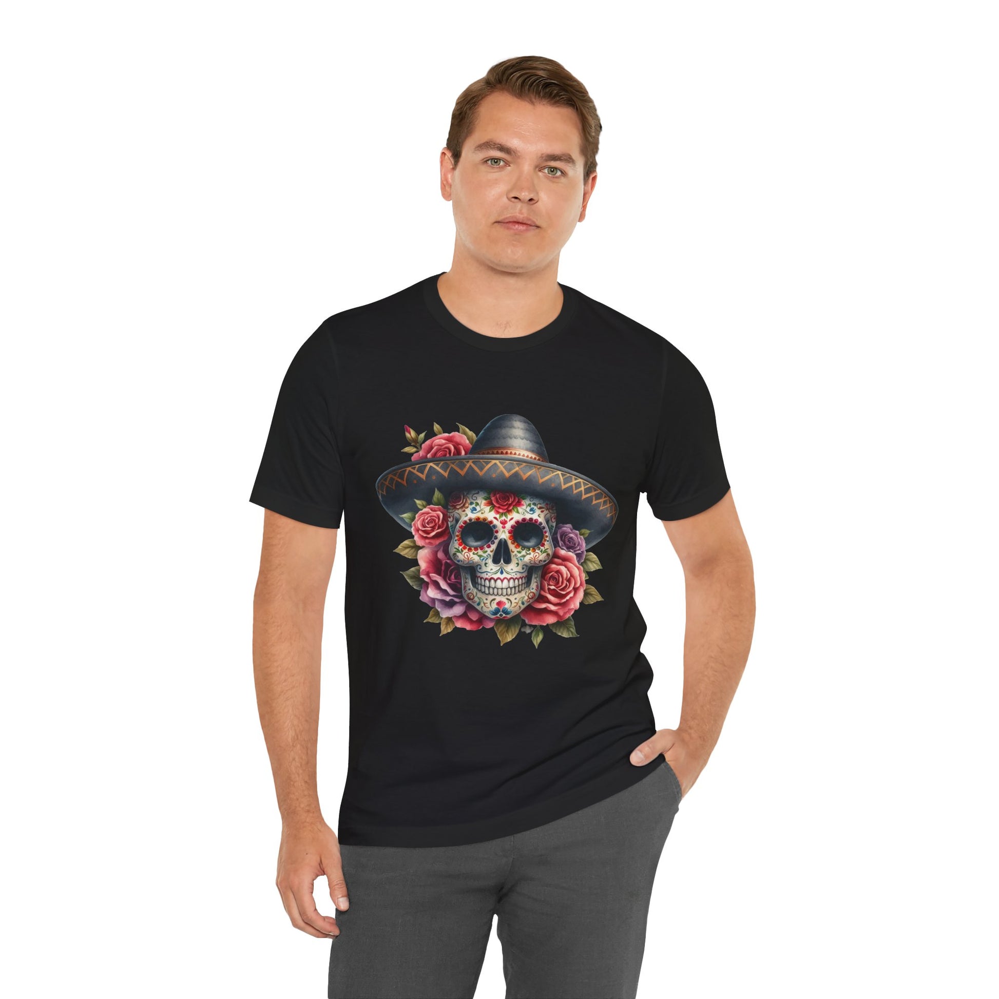 Colorful tee featuring a sugar skull in sombrero and roses for vibrant fiesta vibes