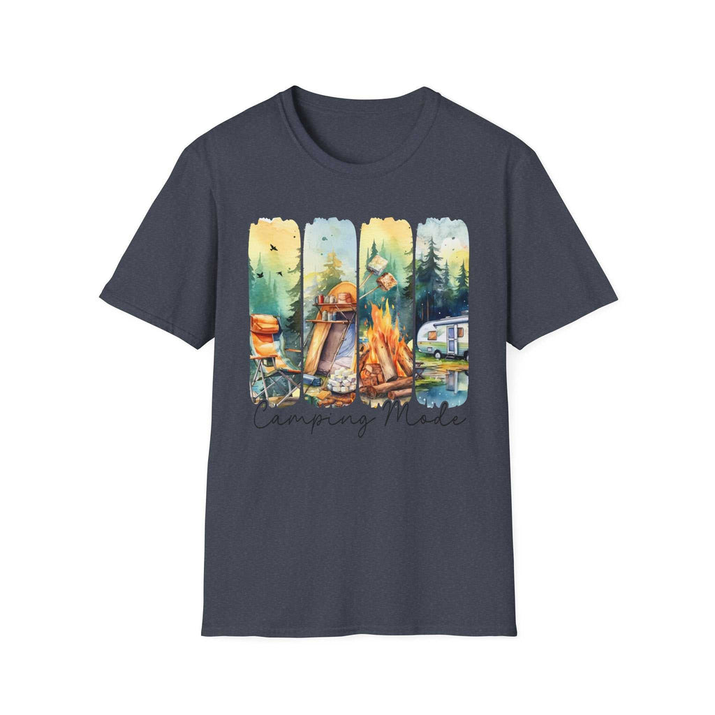Dark gray unisex camping adventure t-shirt with colorful outdoor camping scenes and "Camping Mode" text design.