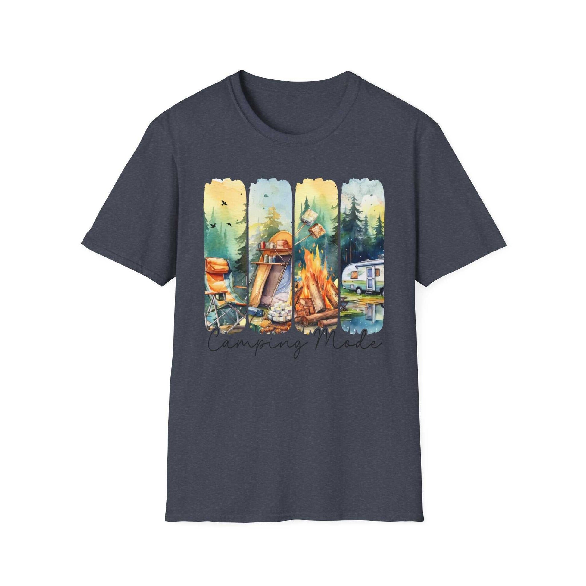 Dark gray unisex camping adventure t-shirt with colorful outdoor camping scenes and "Camping Mode" text design.