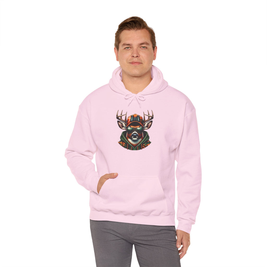 Man wearing light pink hooded sweatshirt with bold deer graphic on front and kangaroo pocket