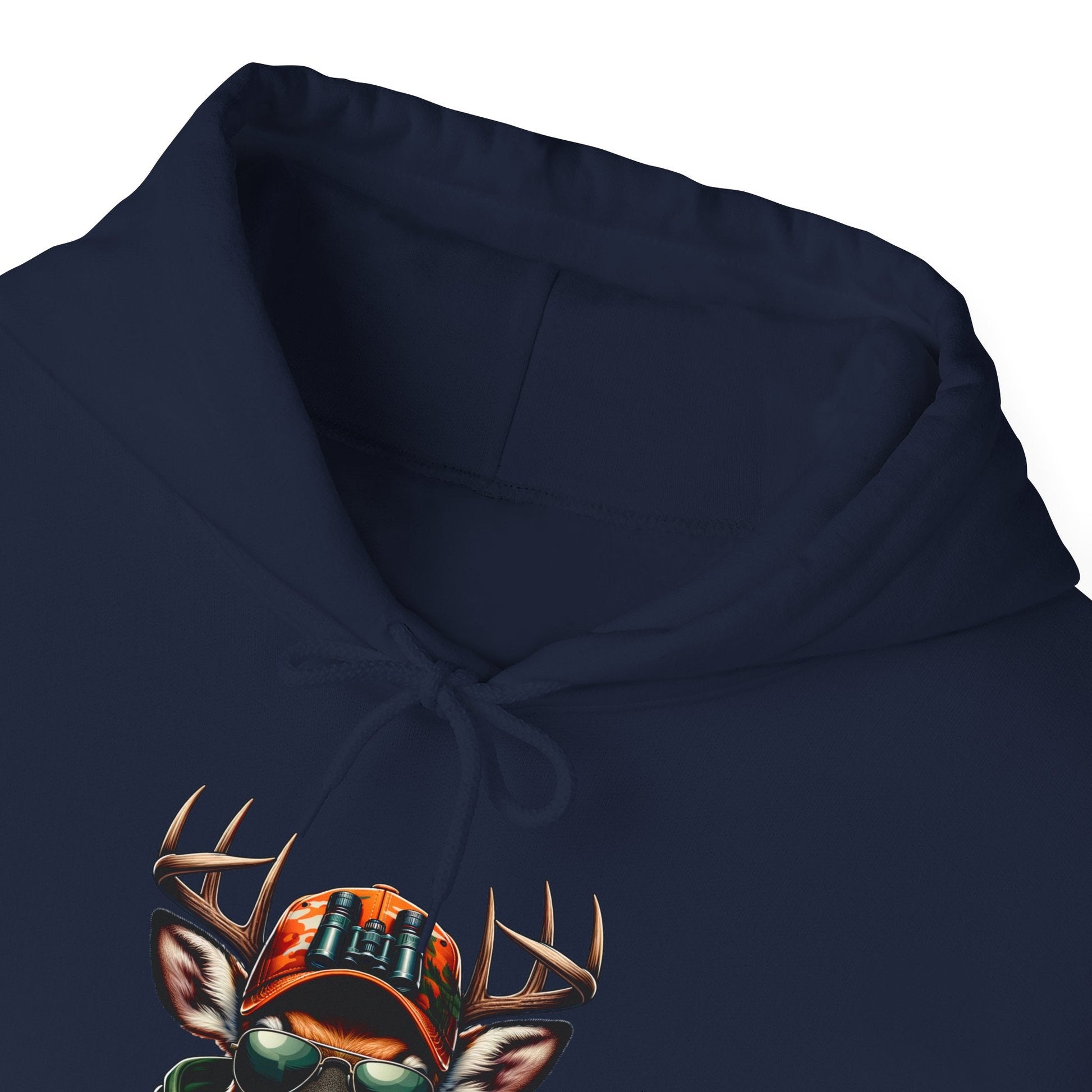 Navy hooded sweatshirt with bold deer graphic and adjustable drawstring hood