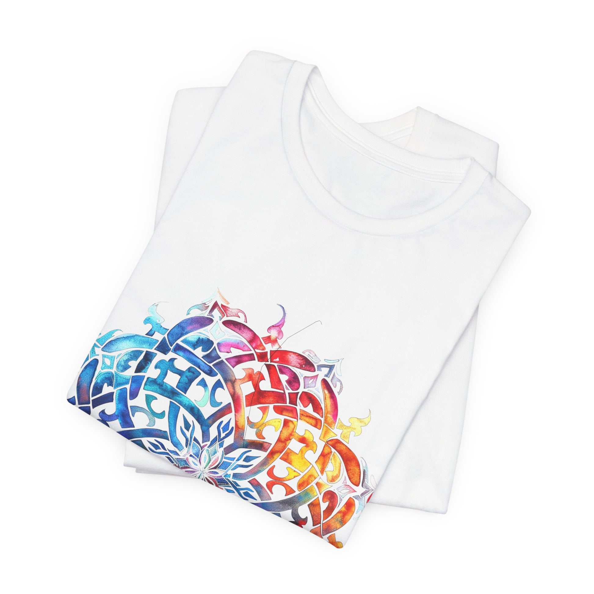 Artistic tee with a radiant rainbow mandala design, available in vibrant color options