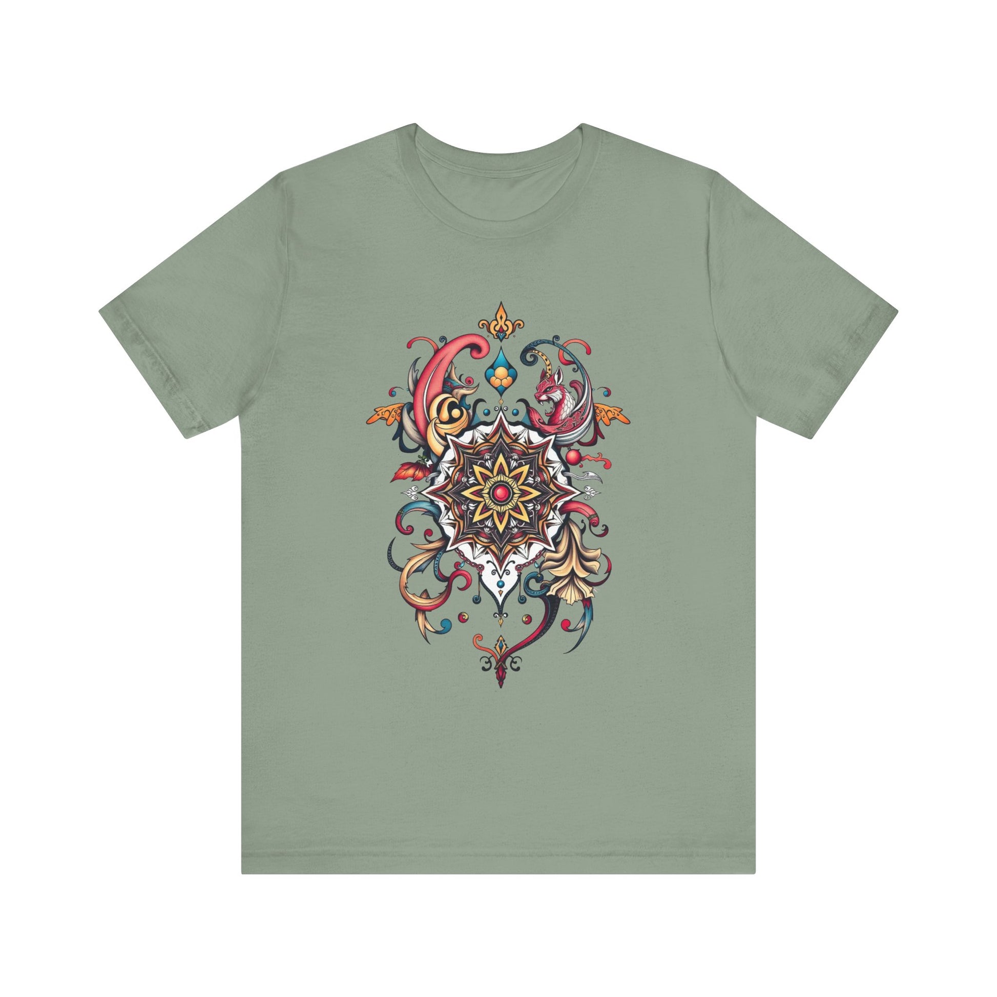 Vibrant tee with swirling mandala in reds, golds, and teal, available in many colors