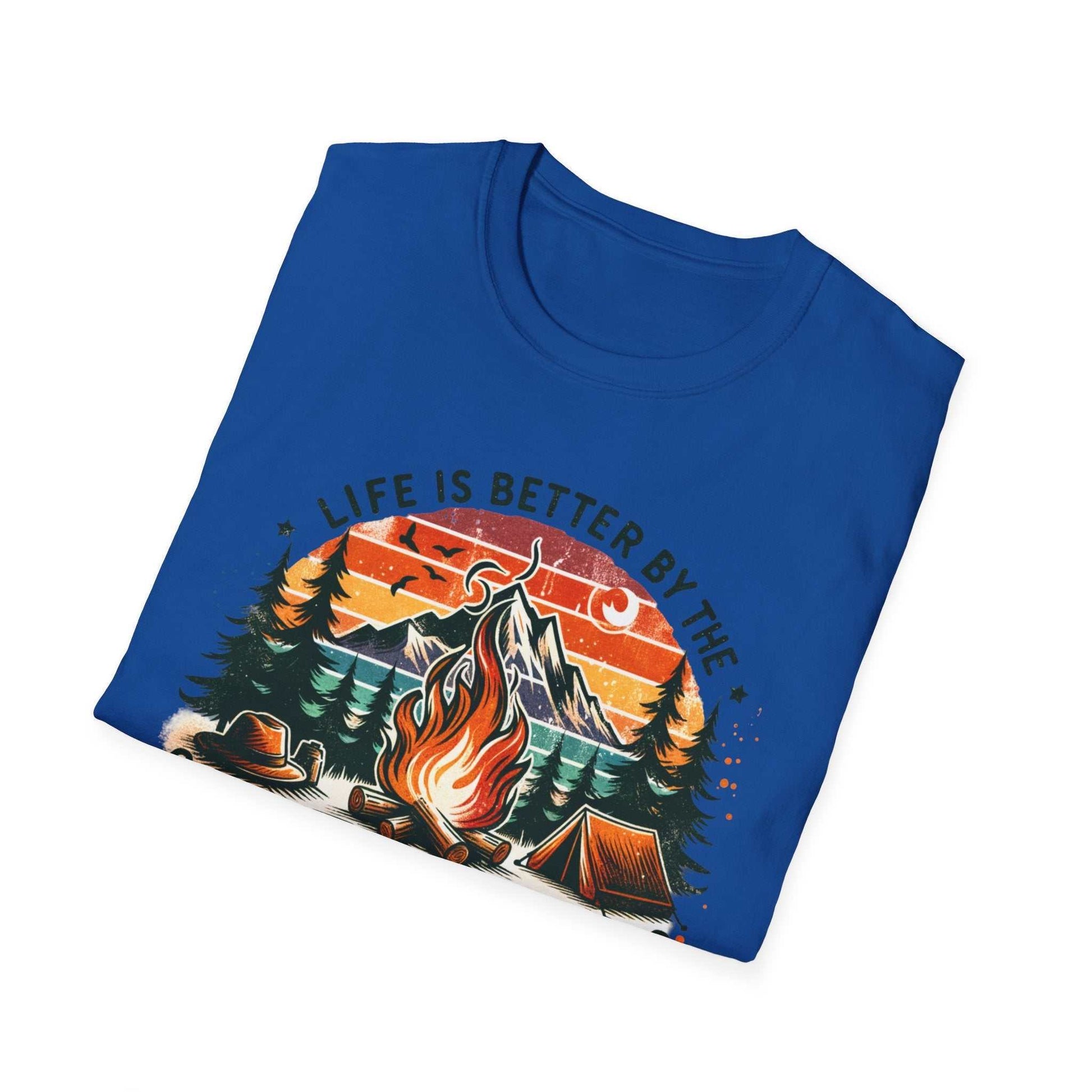 Blue Camping Adventure Unisex T-Shirt with campfire, tent, trees, and mountain design, and "Life is Better by the Campfire" text.