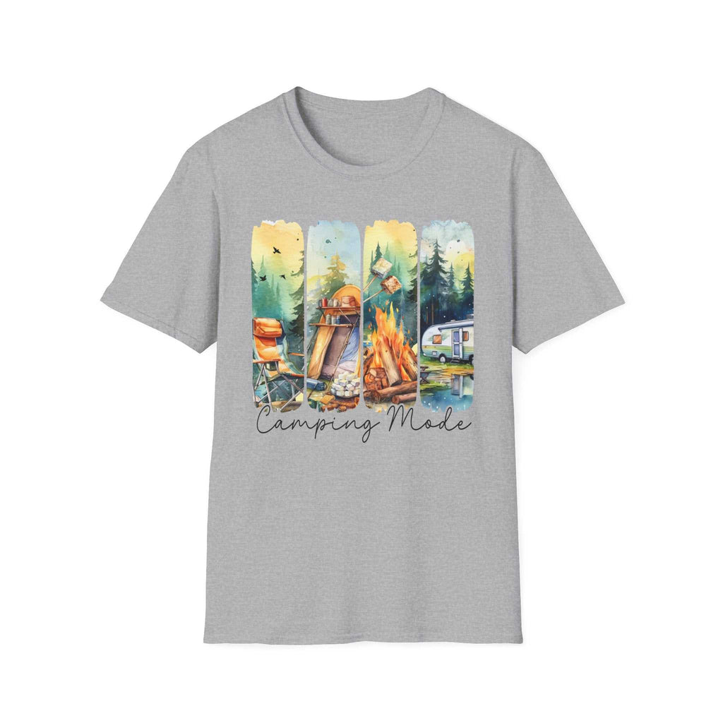 Grey unisex T-shirt with colorful camping-themed illustration and "Camping Mode" text.