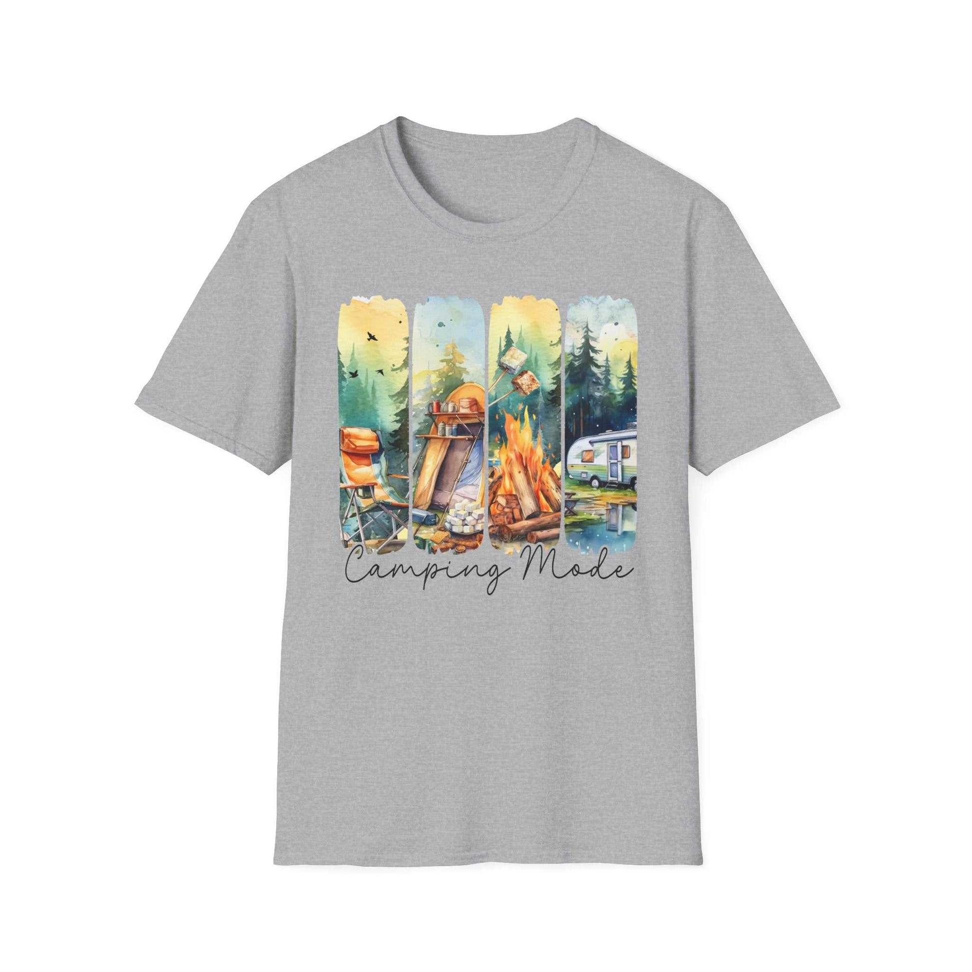 Grey unisex T-shirt with colorful camping-themed illustration and "Camping Mode" text.