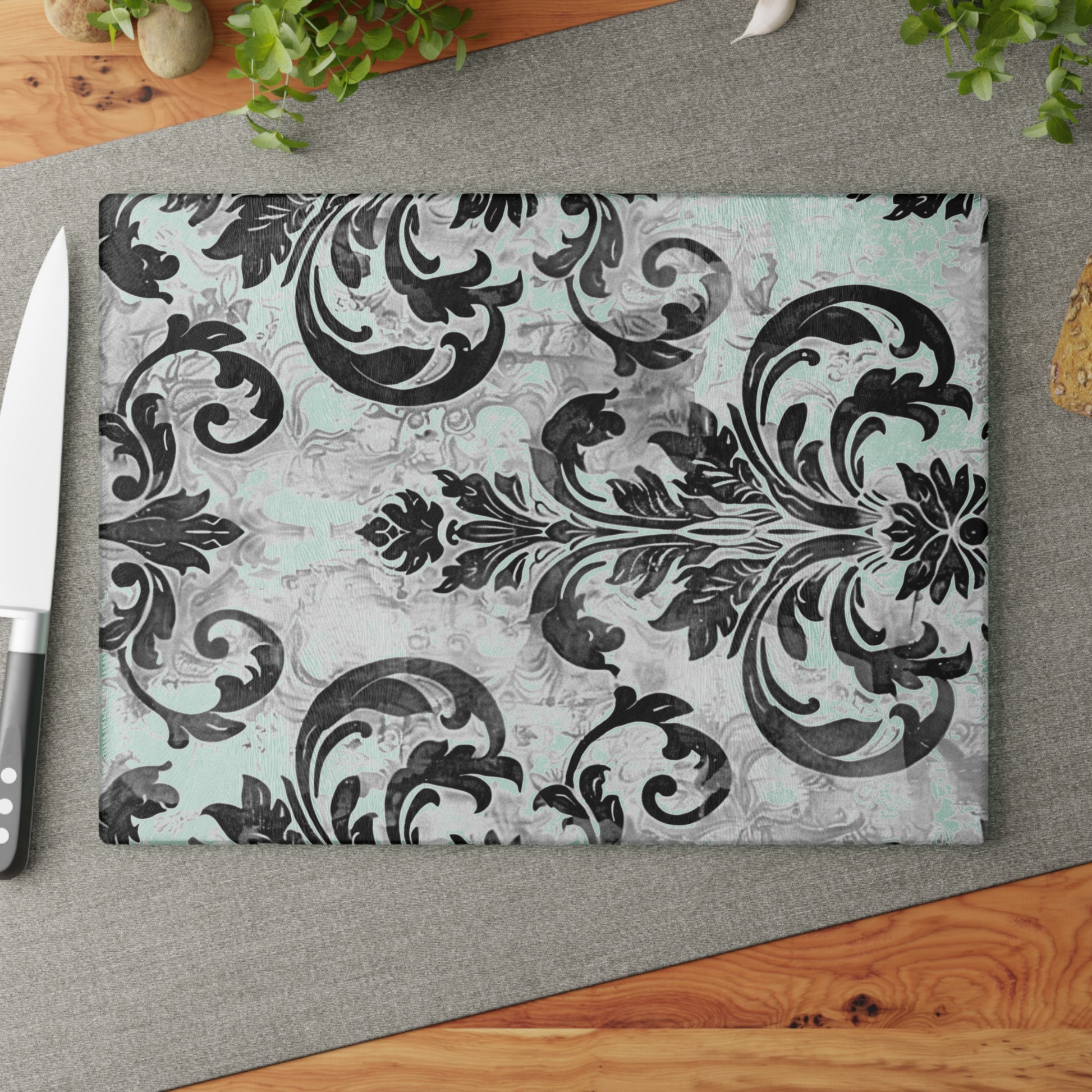 Mint and Gray Baroque Glass Cutting Board with Black Flourish Pattern
