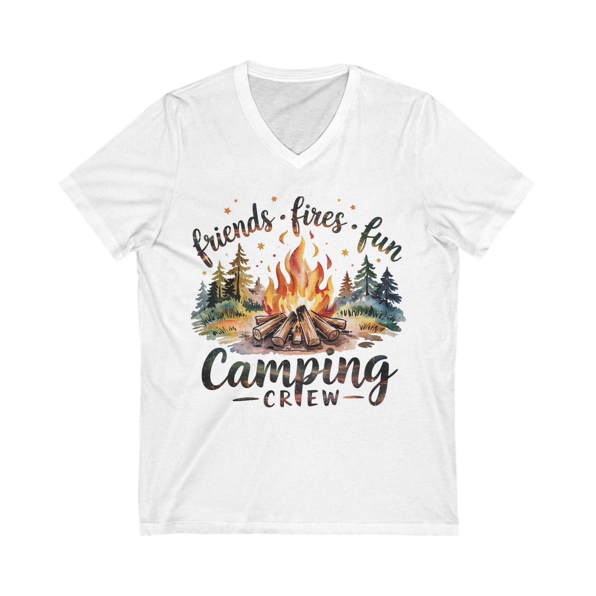 White unisex jersey short sleeve V-neck tee with camping crew fire and forest graphic print