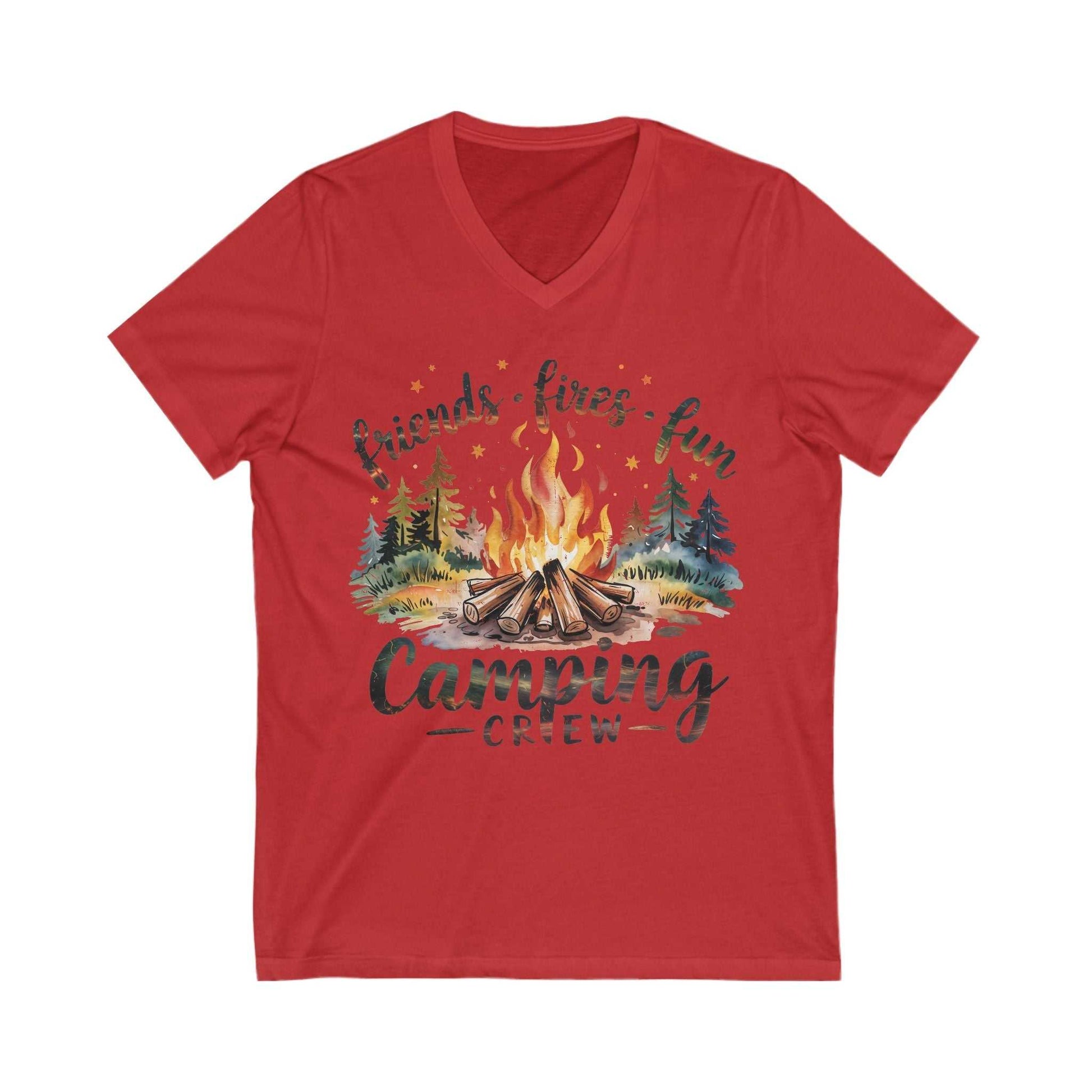 Red Unisex Jersey Short Sleeve V-Neck Tee with camping fire graphic and "friends lives fun Camping Crew" text