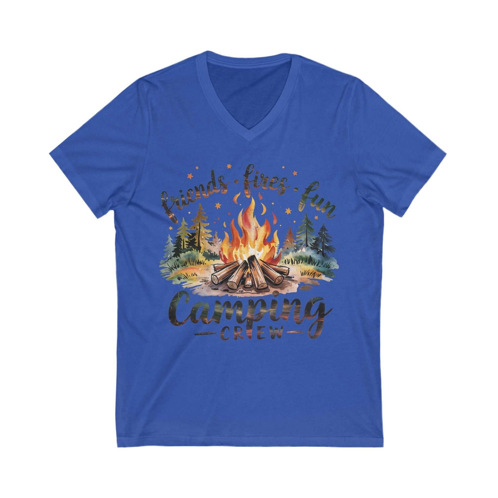 Unisex blue jersey short sleeve V-neck tee with camping crew campfire design