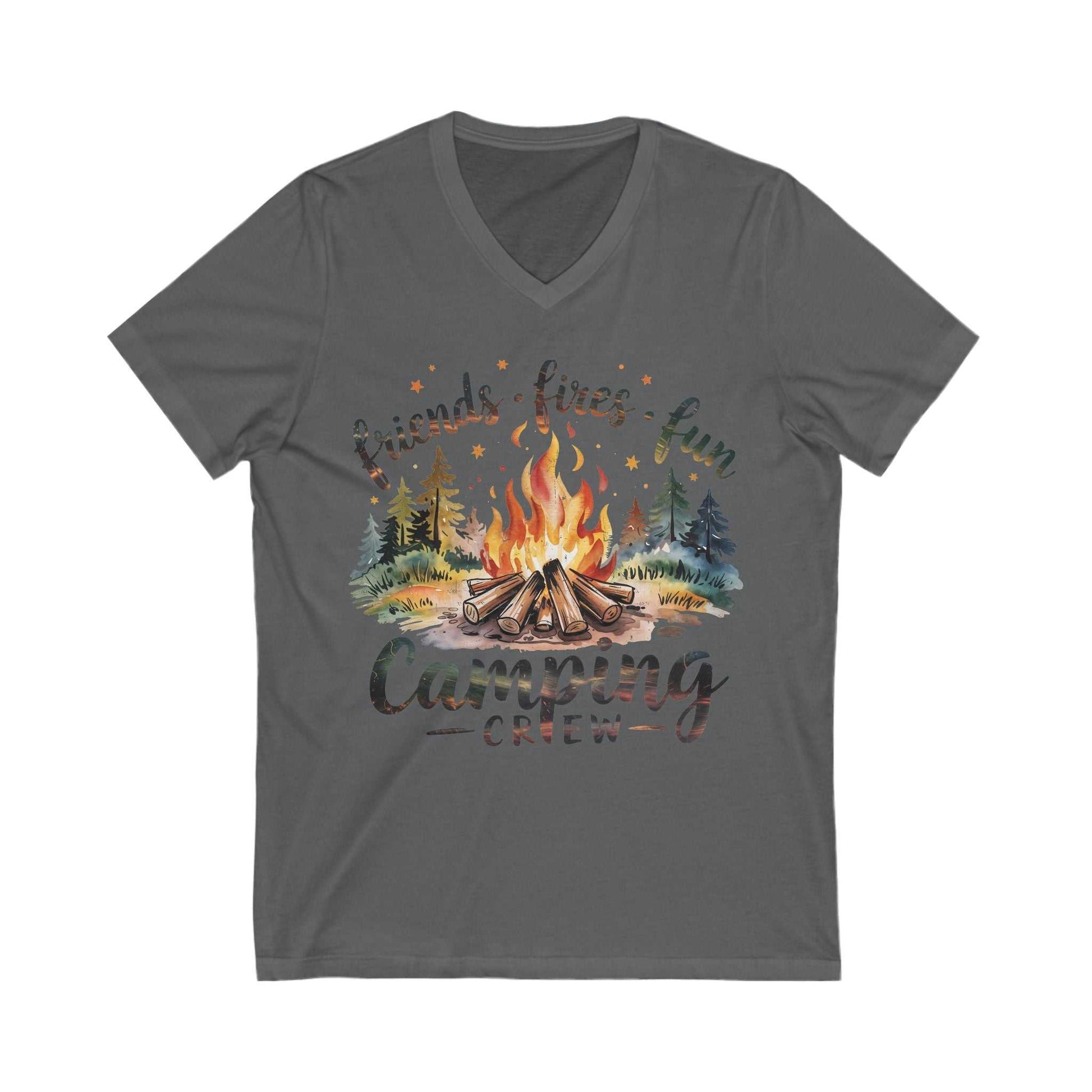 Unisex grey jersey short sleeve V-neck tee with camping fire graphic and "friends lives fun camping crew" text