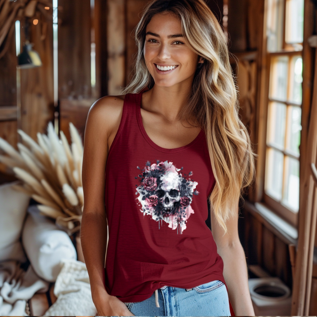 Racerback Tank Skull and Red Roses