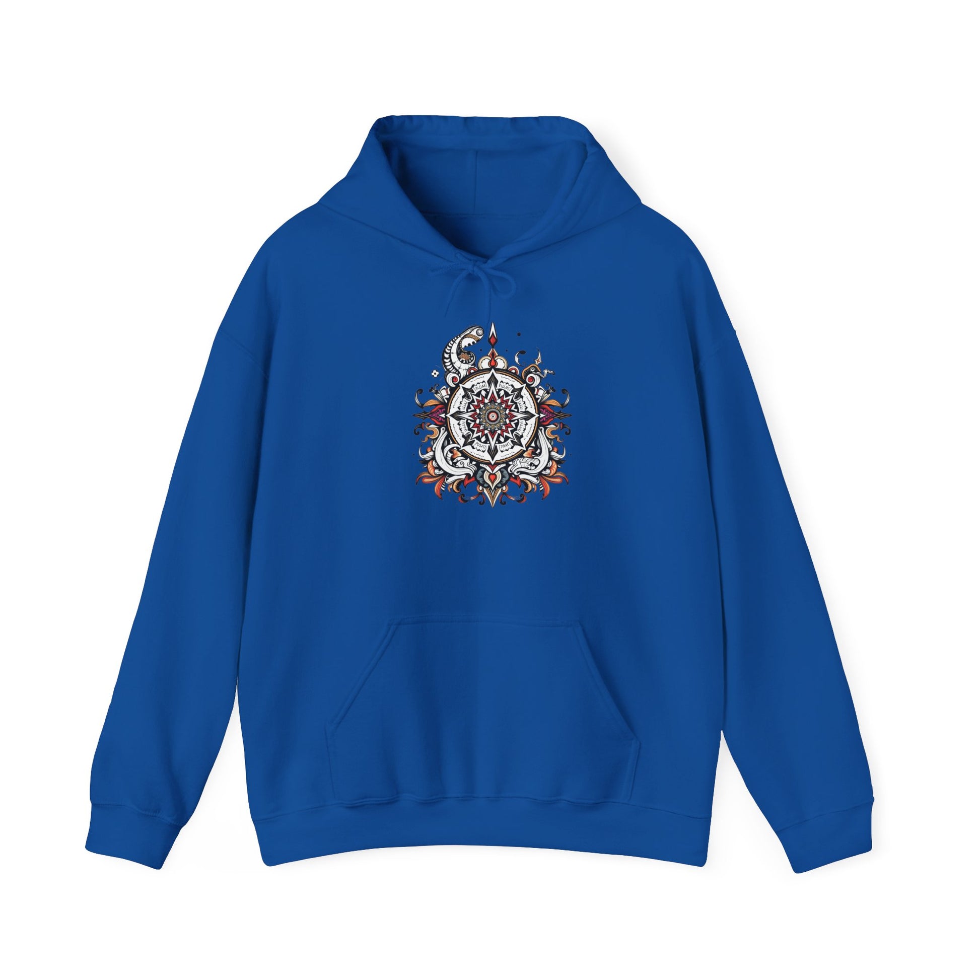 Cozy hoodie featuring a striking black, red, and white mandala, offered in vibrant color choices