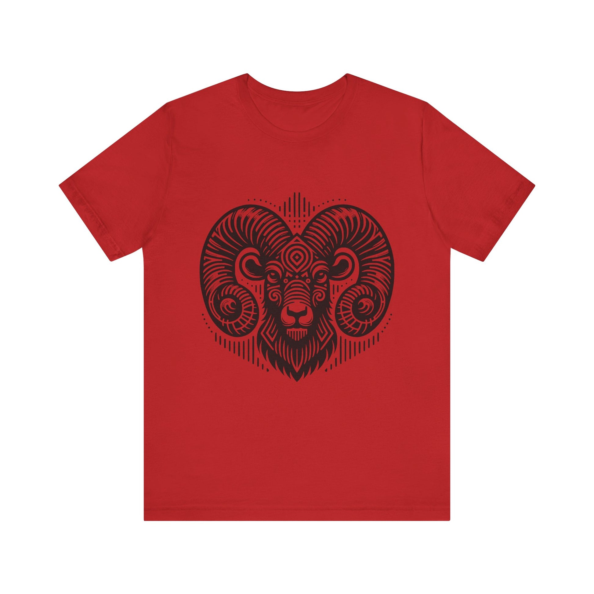 Striking tee with an intricate black tribal ram design, offered in vibrant color options