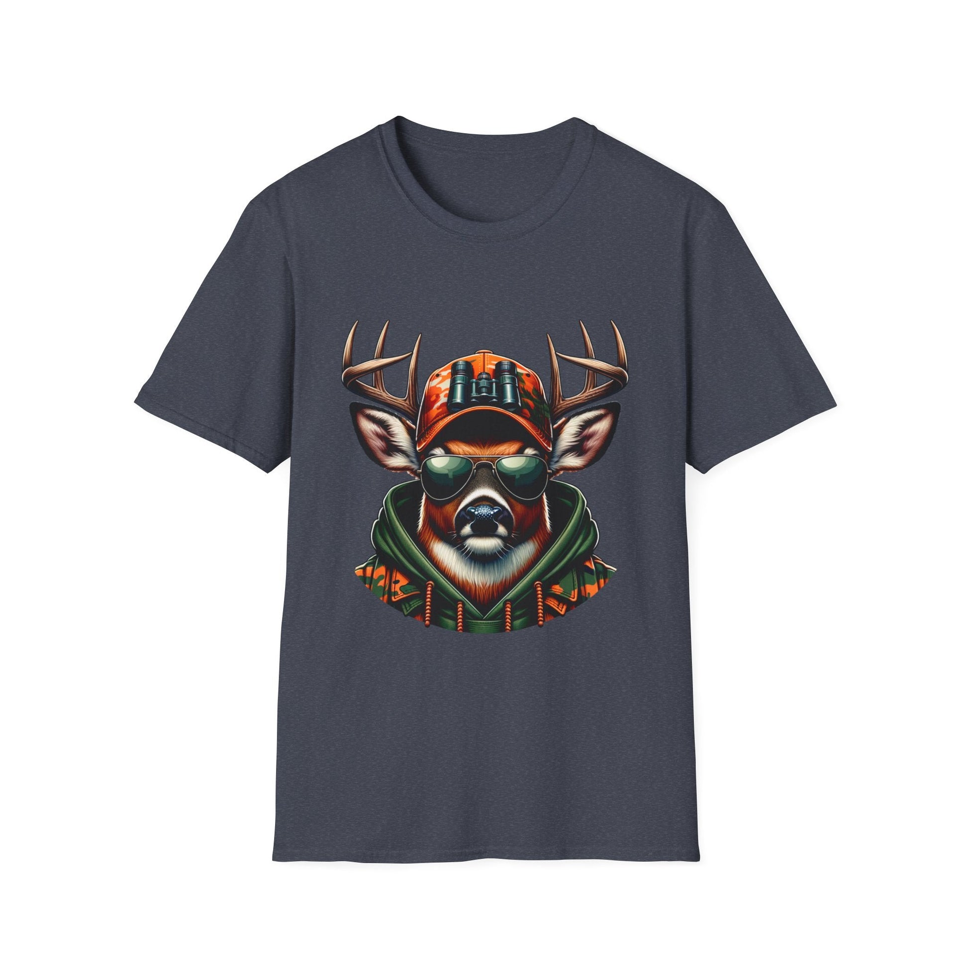 Hunting Enthusiast T-Shirt featuring cool deer with sunglasses and hunting gear on dark fabric