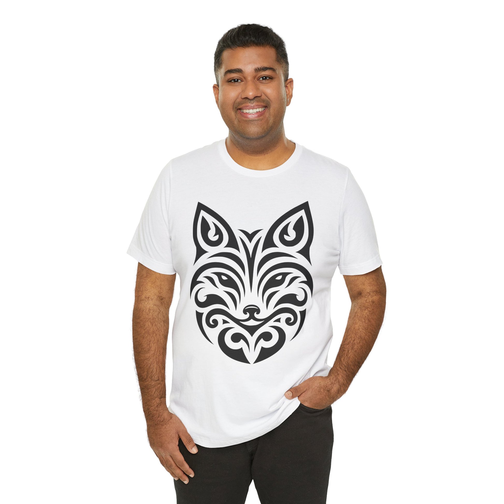 Sleek tee with a bold black tribal fox design, offered in multiple color choices