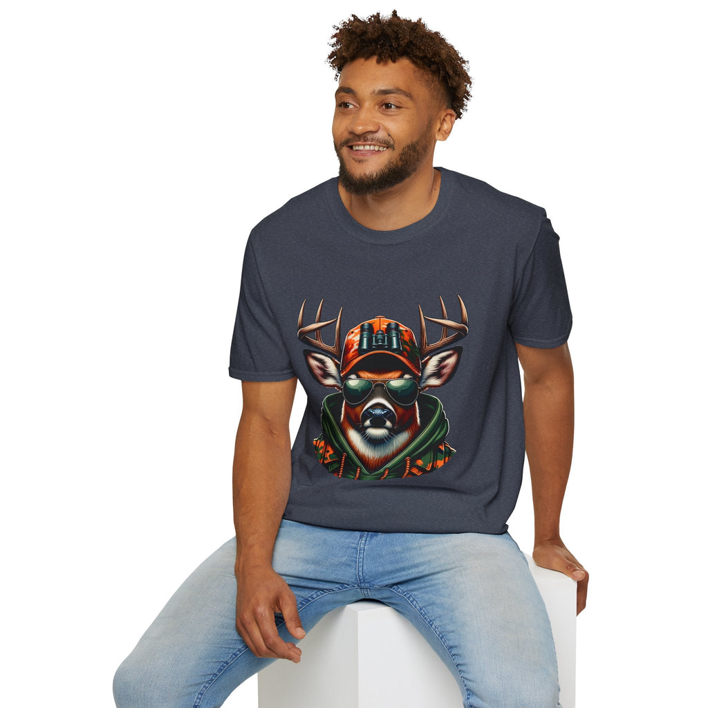 Man wearing navy Hunting Enthusiast T-Shirt featuring a deer with sunglasses and a camo hat design